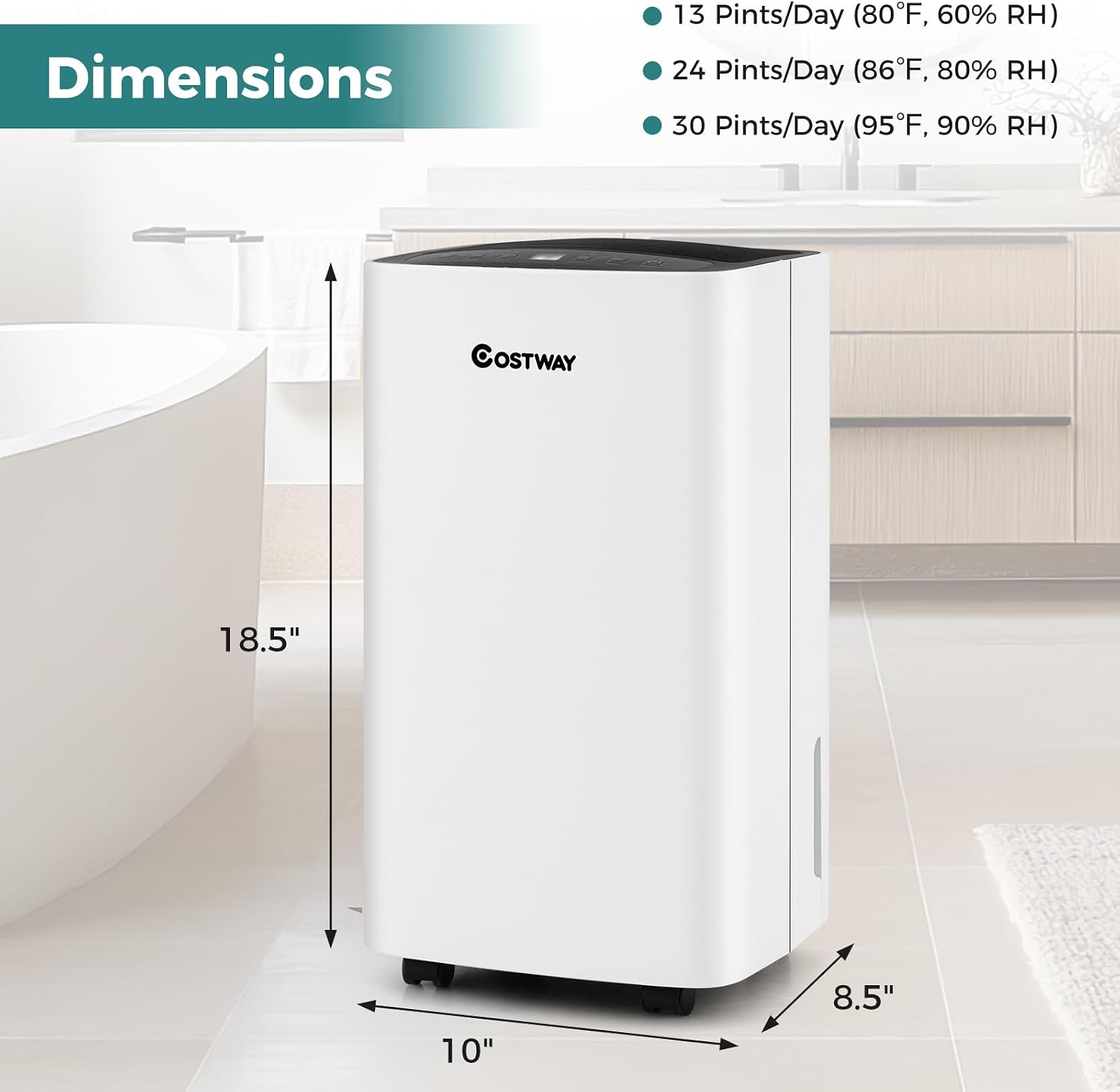 COSTWAY Dehumidifier for Large Room and Basements, Portable 30 Pints Dehumidifier with 3 Modes, 2 Speeds, Low Noise, 24H Timer, Auto or Manual Drainage