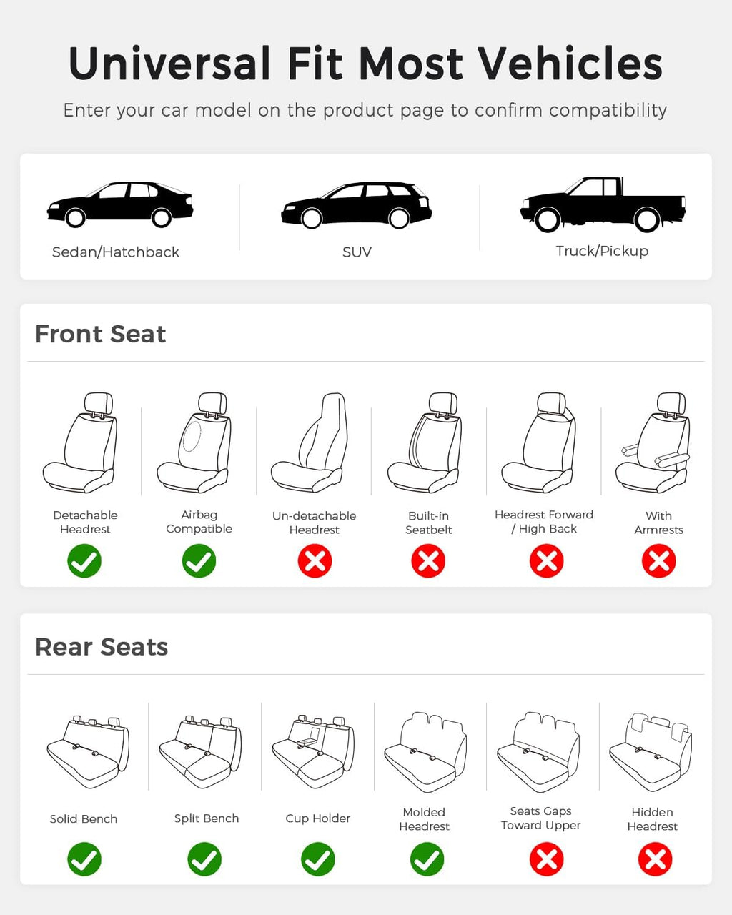 Huidasource Universal Car Seat Cover, Nappa Leather Car Seat Cover Set, Velcro Adjustable, Compatible with Airbags, Armrests, Child Seat, fit for Most Cars, Vans, Trucks, SUVs (Full Set/Black&White)