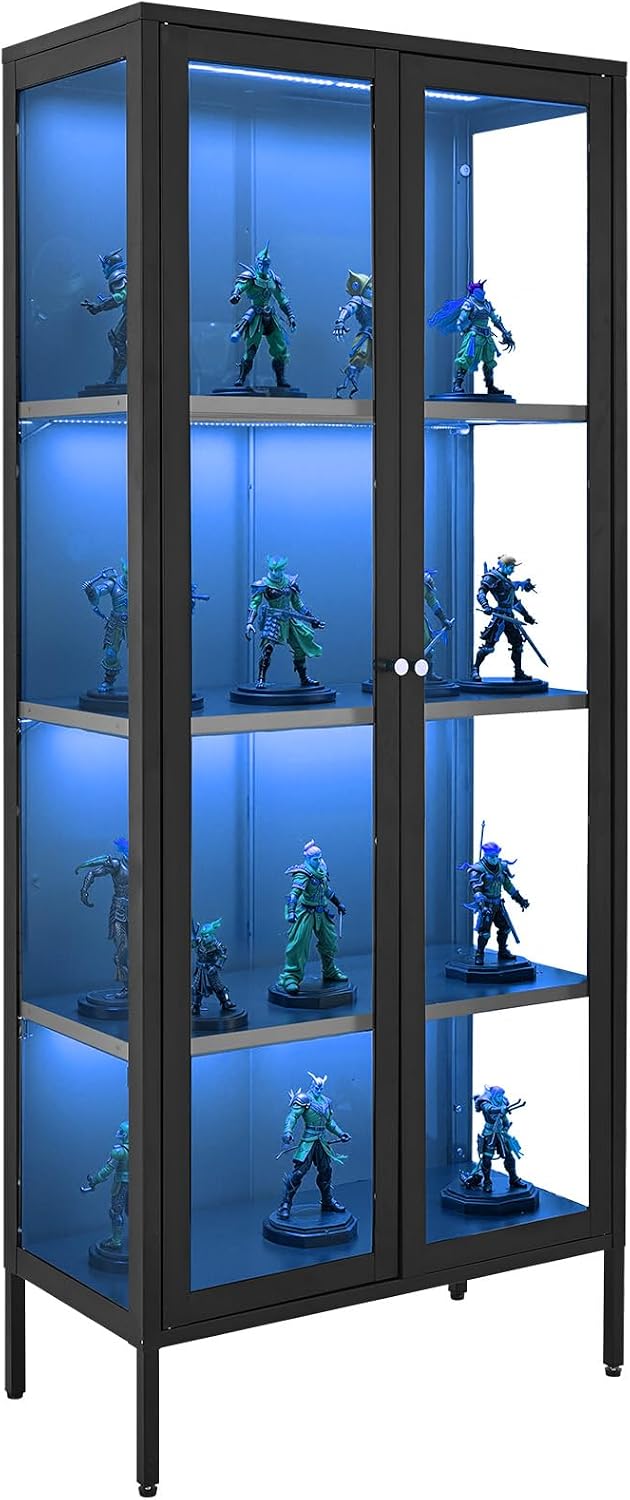 VEVOR Display Cabinet with Glass Door, 66 in Tall 4-Tier Lighted Display Case with 3 Color Lights, Metal Storage Cabinet with 3 Adjustable Shelves, Curio Cabinet for Collectibles Figures Trophy