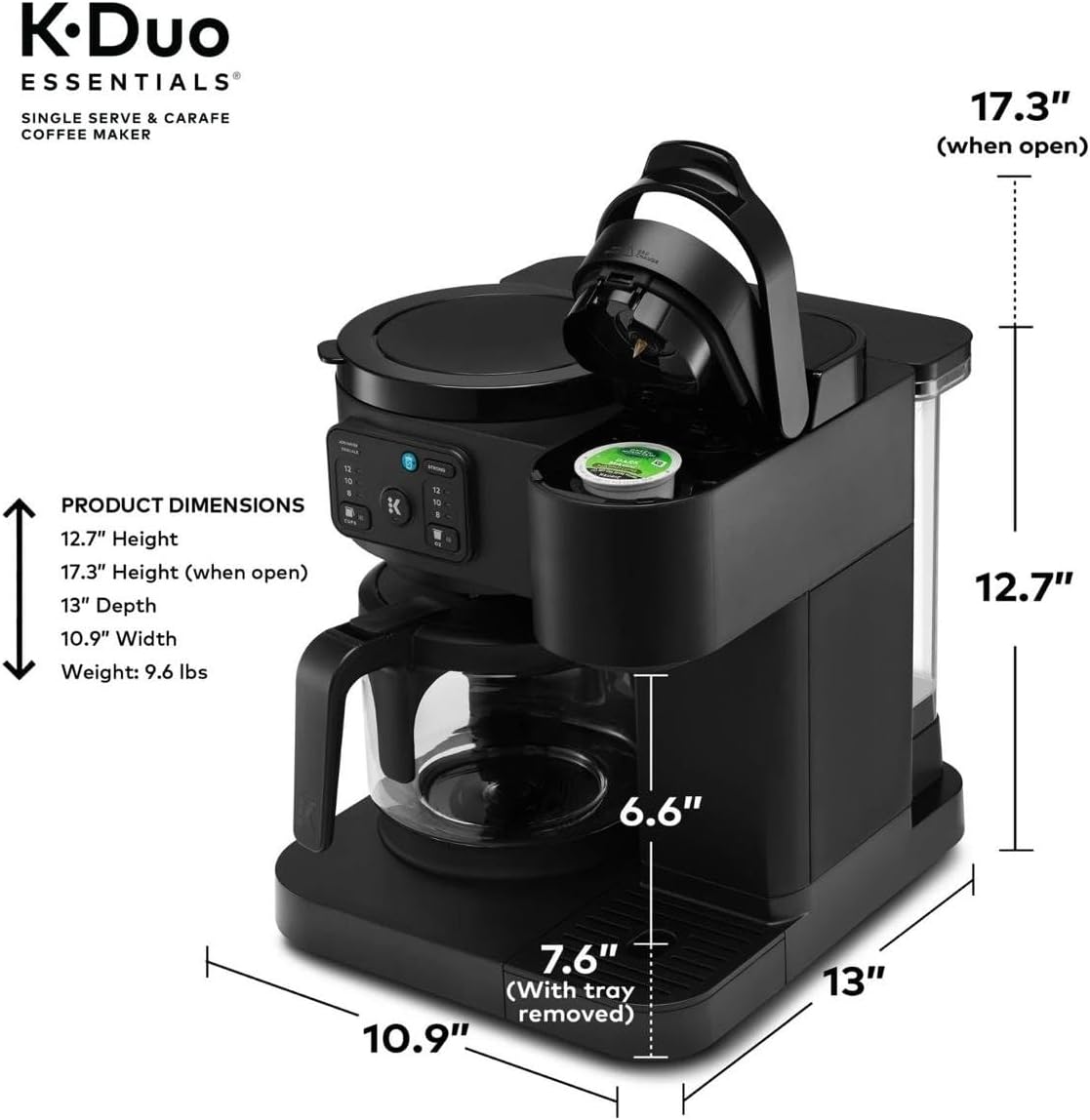 K-Duo Essentials, Hot & Iced Single-Serve Pod Coffee Maker & Carafe, 72 Oz Reservoir, Multiple Brew Sizes, Strong Brew Feature, Perfect for Hot and Iced Coffee (BLACK)