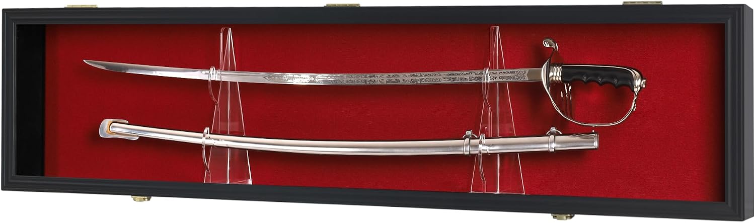 Sword Saber Display Case Cabinet Stand Holder Lightsaber Shadow Box Wall Mount Lockable with 98% UV Protection Red Color Felt (Black)