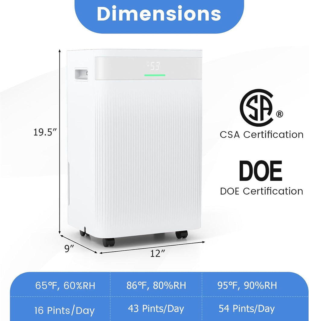 COSTWAY 54 Pints Dehumidifier for Basement, 4500 Sq.Ft Dehumidifier with 3 Modes, LED Display, 3-Color Indicator Light, 24H Timer, Child Lock, Drain Hose & Auto Defrost for Bathroom Bedroom
