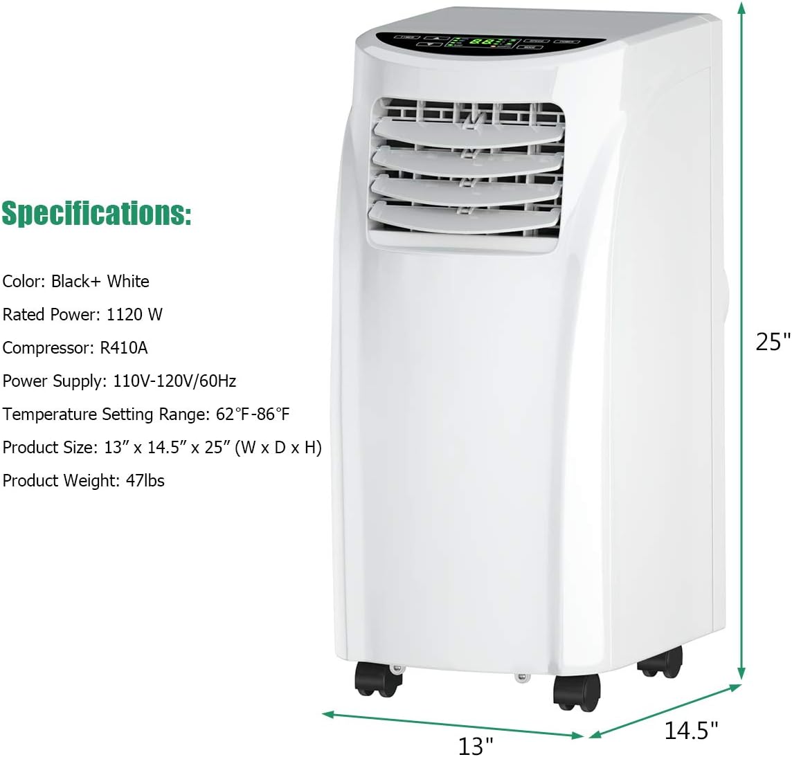 COSTWAY 8000 BTU Portable Air Conditioner, 3-in-1 Air Cooler w/Built-in Dehumidifier, Fan Mode, Sleep Mode, Remote Control& LED Display, Rooms Up to 230+ Sq. ft, for Home Office (White)
