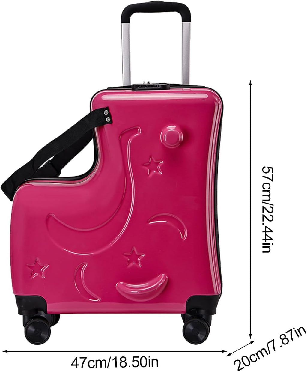 Kids Ride on Luggage - 47x20x57cm Children's Travel Suitcase with 3 Digit Lock, Carry on Trolley Case with Seat Belt, Retractable Handle, Quiet Wheels | Ride Suitcase for Airports, Travel Gear