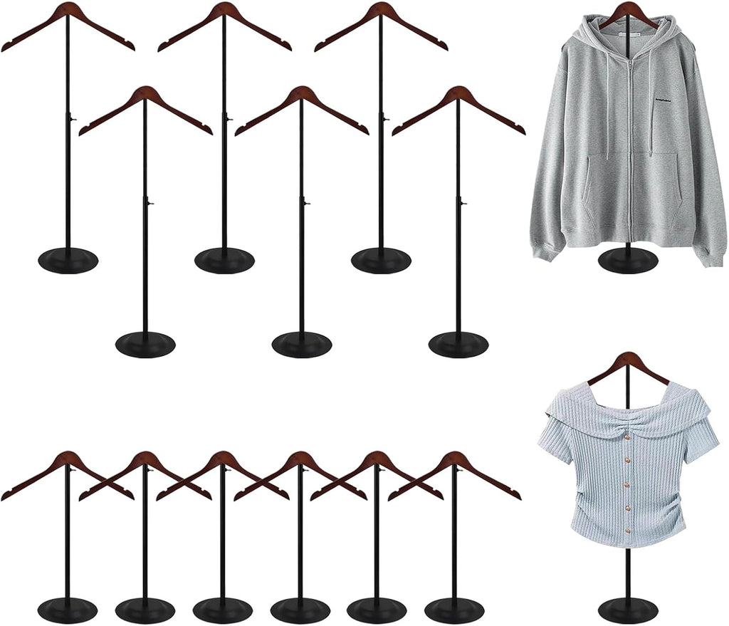 12 Pack T Shirt Display stand, Adjustable T shirt Shoulder Stand for Vendor Portable Hanging wooden Clothes Rack for Clothing Dress Jacket Coat Retail 17-31.5 Inch, Black