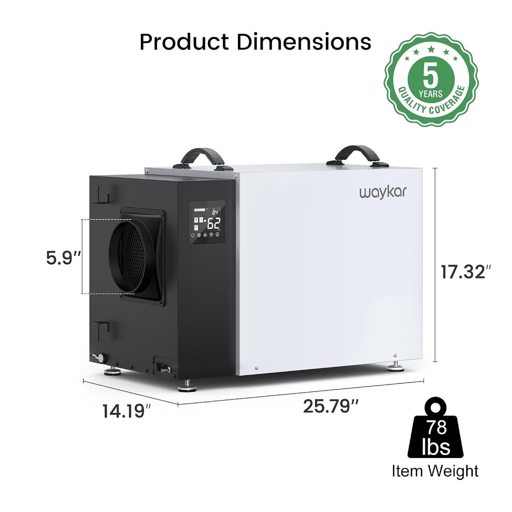 Waykar 216 Pint Crawl Space Dehumidifier with Pump & Drain Hose for Basements, Commercial & Water Damage Spaces up to 8000 Sq. Ft., Compact, Strong Dehumidification, 5-Year Quality Coverage