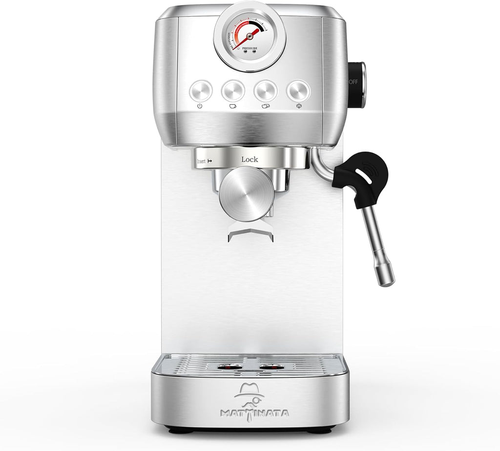 MAttinata CM1663 Espresso Machine, 20 Bar Compact Coffee Maker with Milk Frother Steam Wand for Cappuccino, Latte, Professional Pressure Gauge & 49oz Removable Water Tank for Home，Stainless Steel
