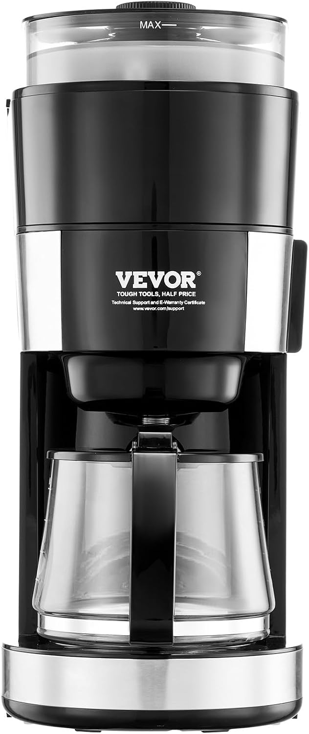 VEVOR Coffee Maker with Grinder, 10 Cup Coffee Machine, Grind and Brew Coffee Maker with 3 Brew Strength Control, Adjustable Grinding Coarseness, for Home Office Restaurant