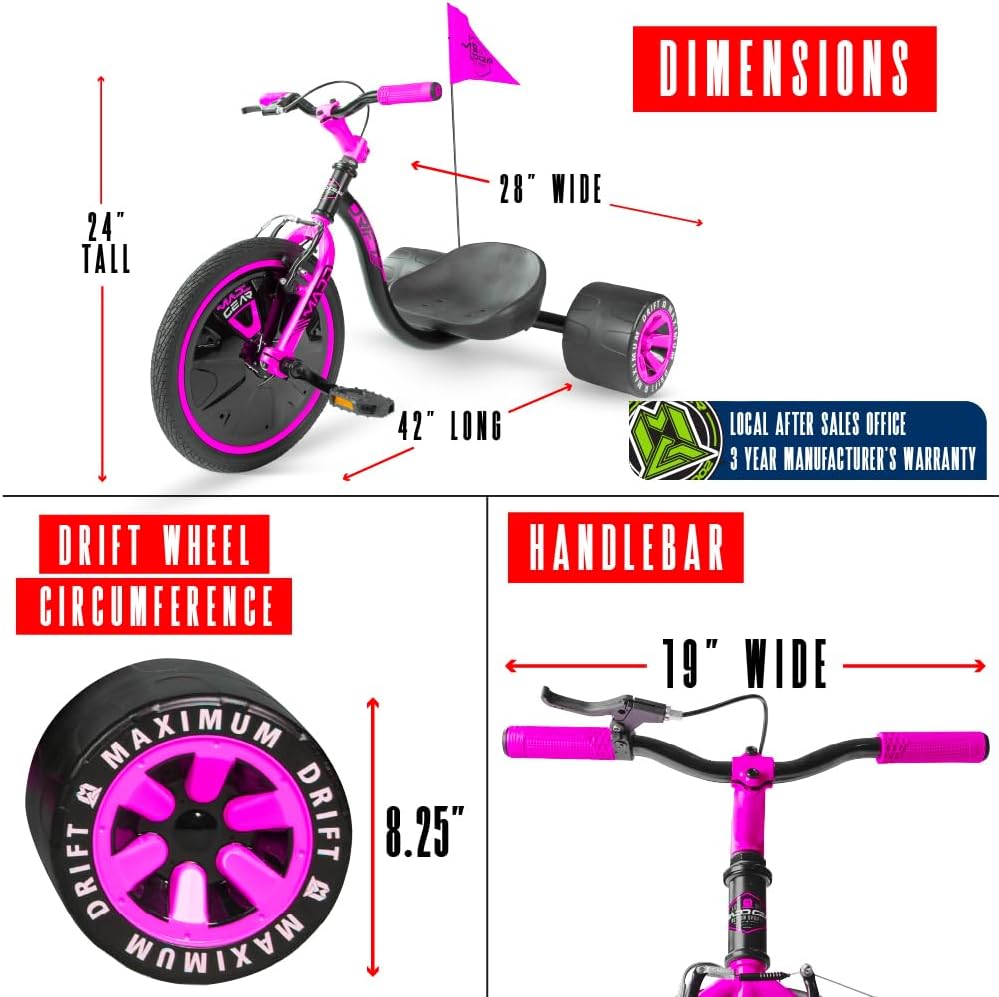 Drift Trike for Kids Ages 5+ – 16' Front Wheel Ride-On with Adjustable Seat, Steel Frame, Rear Slick Drift Wheels & Safety Flag – Madd Gear (Black/Pink)