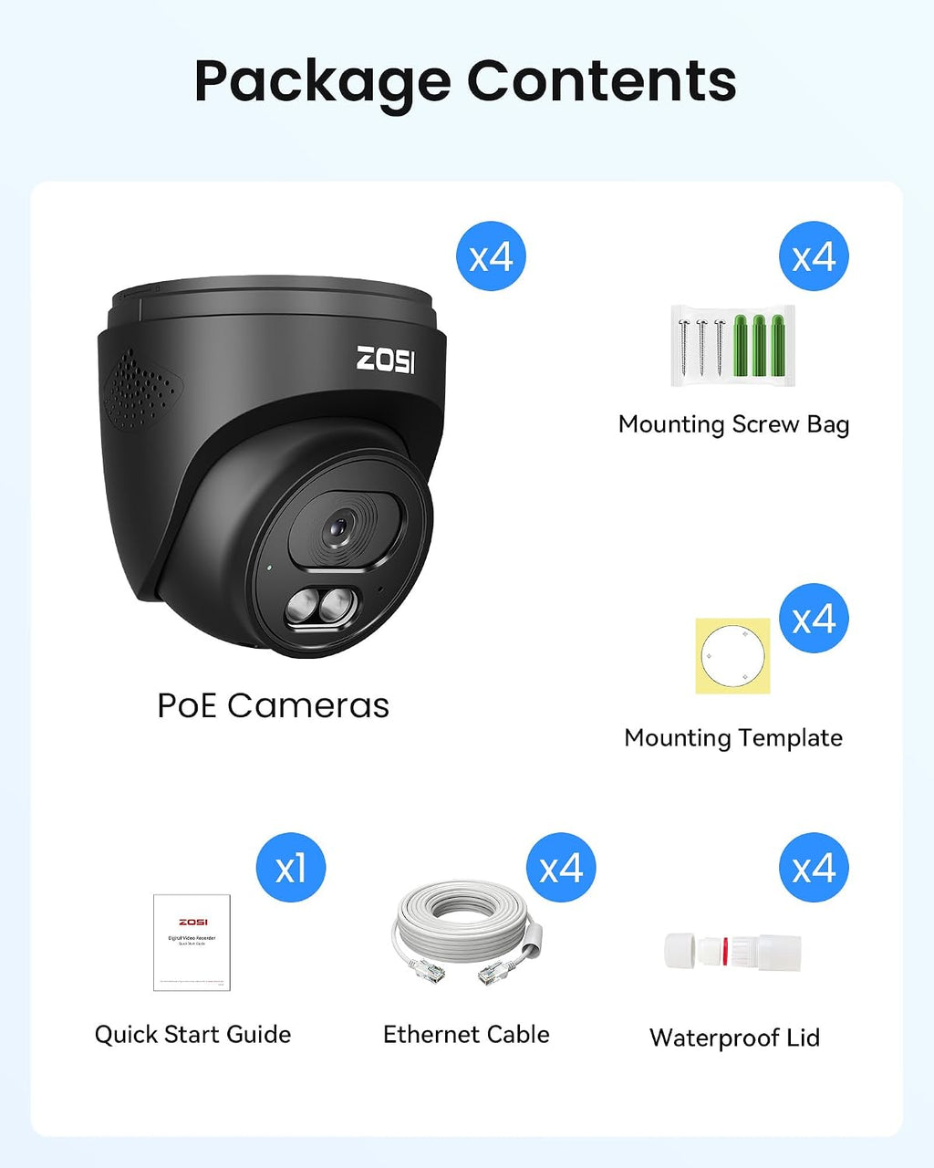 ZOSI C220 4Pack 4MP 2.5K QHD Add-On PoE IP Camera Outdoor, 1440p Surveillance Outdoor Camera to Home Security System, Only Work with ZOSI PoE NVR, 100ft Night Vision, AI Human Detection, One-Way Audio