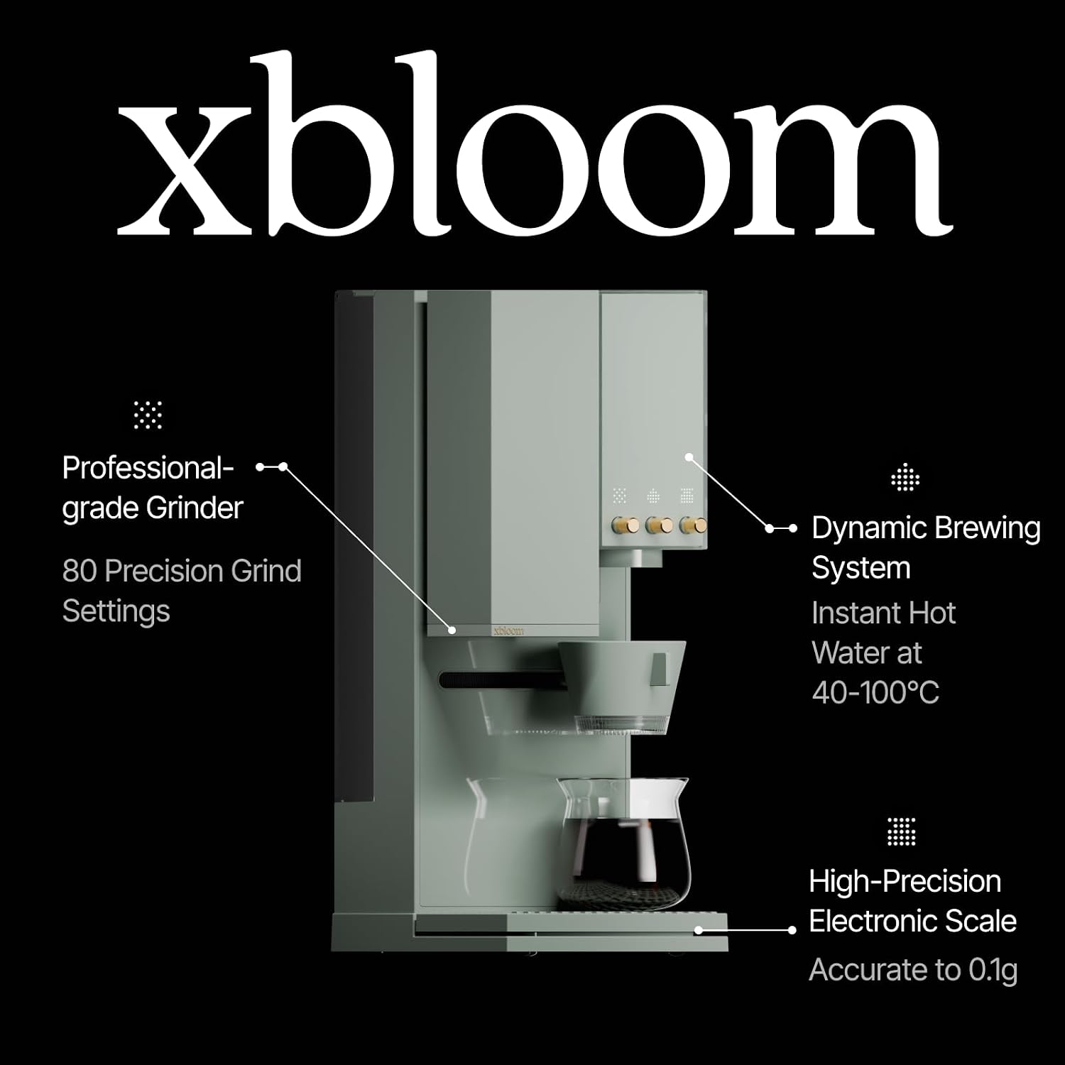 xBloom Studio Coffee Machine – Drip Coffee Maker with Built-in Grinder and Scale, 3 Automation Levels, App Connected Pour Over Coffee Maker for Specialty Coffee Lovers, Sage Green x Gold