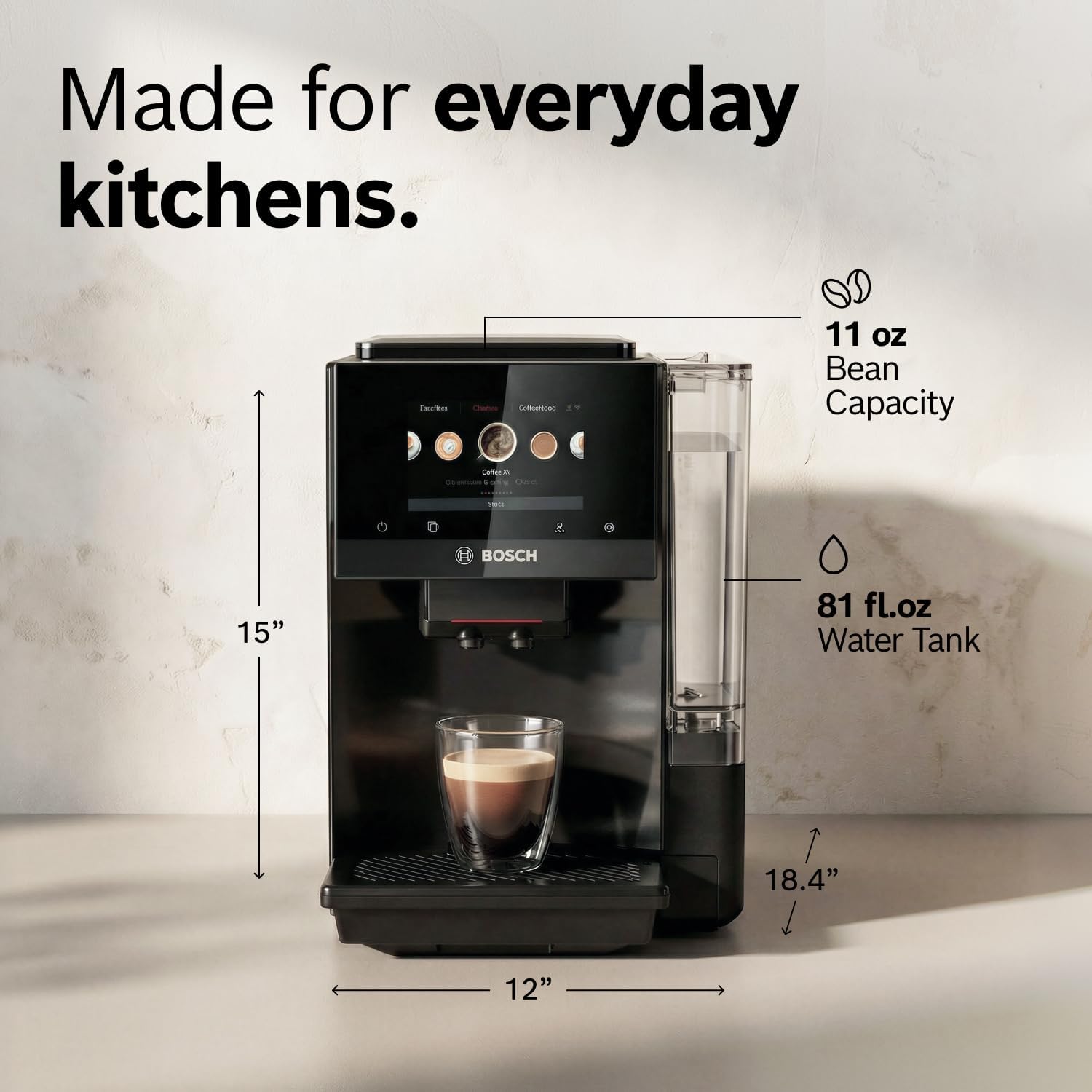 Bosch Fully Automatic Coffee and Espresso Machine - 35 Drinks, Double Cup Barista Style Super Coffee Maker - Touchscreen, Large Bean Capacity - Easy Clean, Maintenance - Black - TPU60309