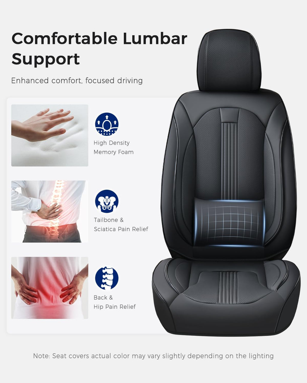 Huidasource Black Front Seat Cover, Nappa Leather Front Car Seat Cover with Lumbar Support, Ventilation Holes, Elastic Fabric, Airbag, Full-Coverage Seat Covers, Fit for Most Cars SUV Trucks, Black