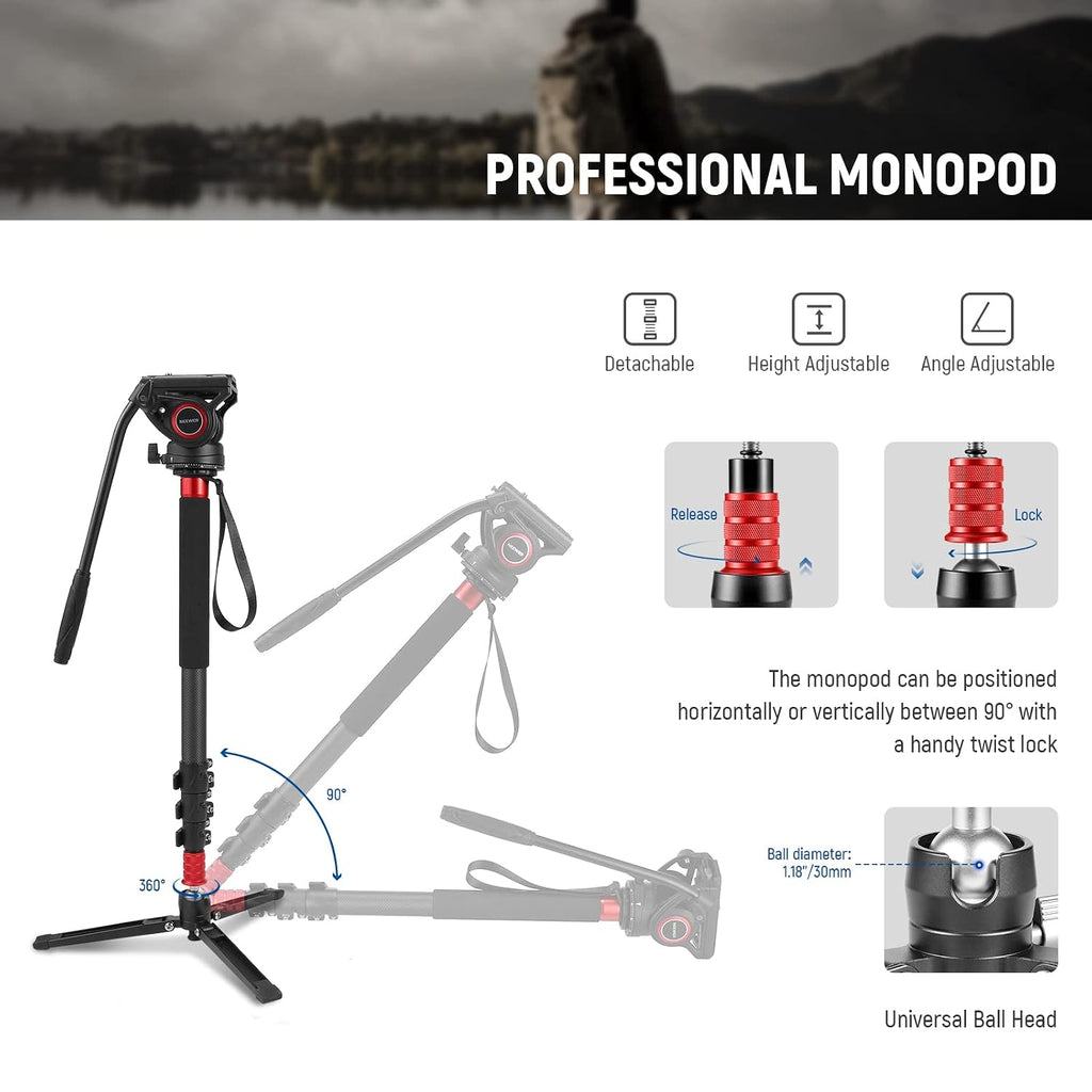 NEEWER 71.6' Pro Camera Monopod with Feet, Carbon Fiber Telescopic Video Monopod with QR Plate Compatible with DJI RS Gimbals, Removable Base for Camera Camcorder, Max Load 13.2lb/6Kg, TP71