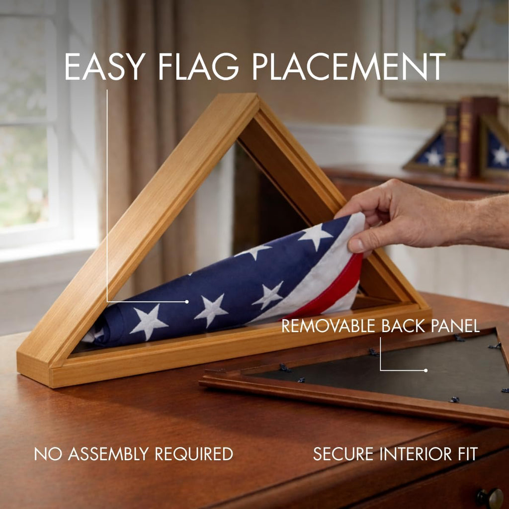 Bey-Berk Custom Personalized Solid Wood Triangle Glass Front Flag Display Case (Oak)