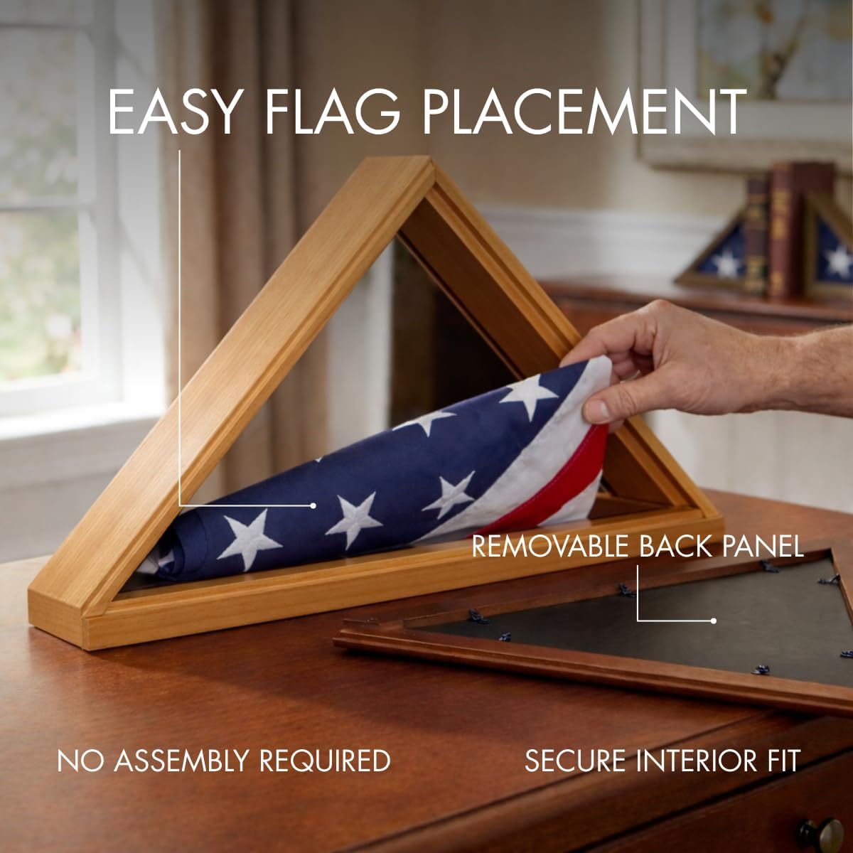Bey-Berk Custom Personalized Solid Wood Triangle Glass Front Flag Display Case (Oak)