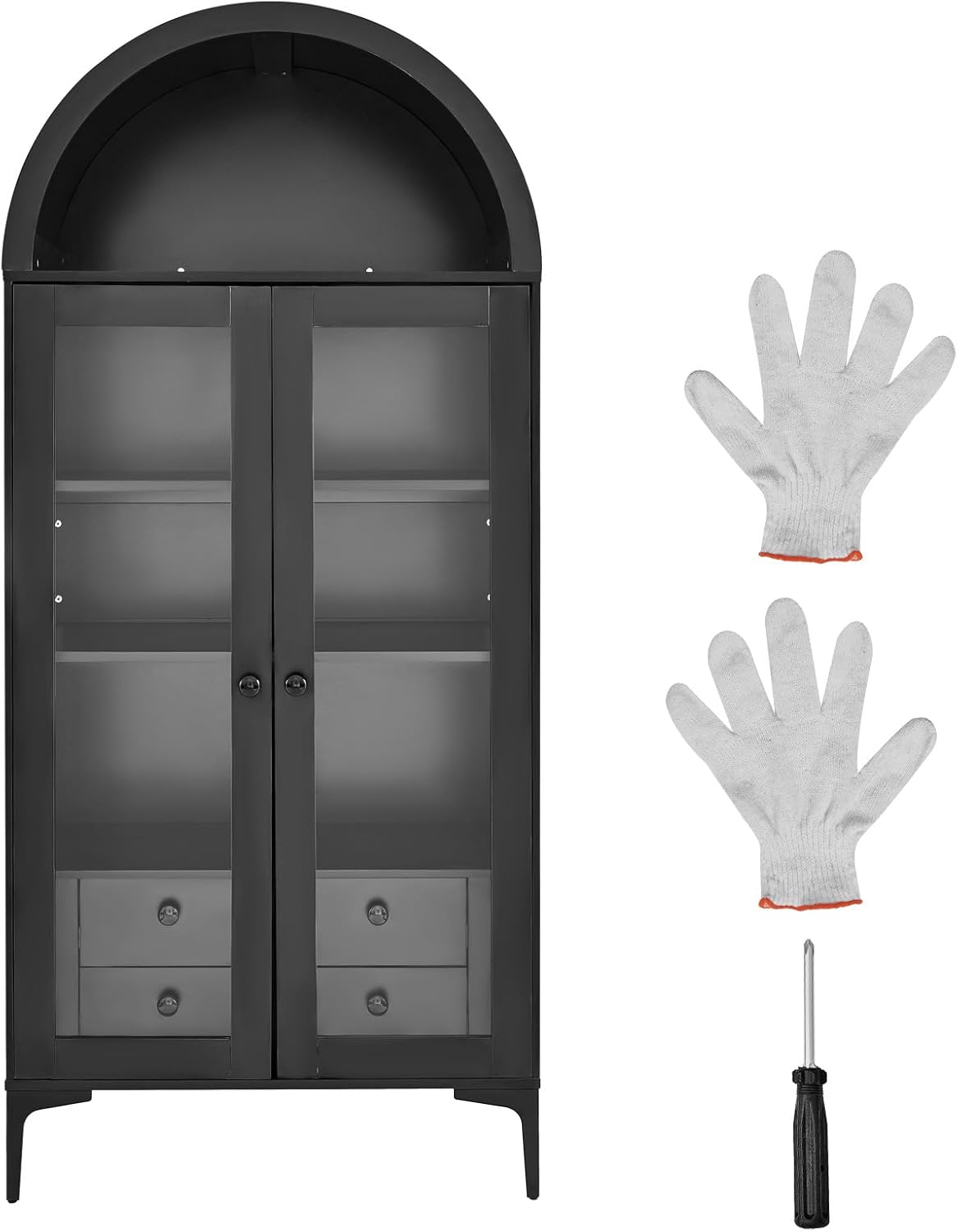 VEVOR Arched Kitchen Pantry Cabinet with Glass Doors, 70in Tall Curio Cabinet, 4-Tier Display Case with 2 Adjustable Shelves, Bookcase Bookshelf for Collectibles Storage Bedroom Living Room Office