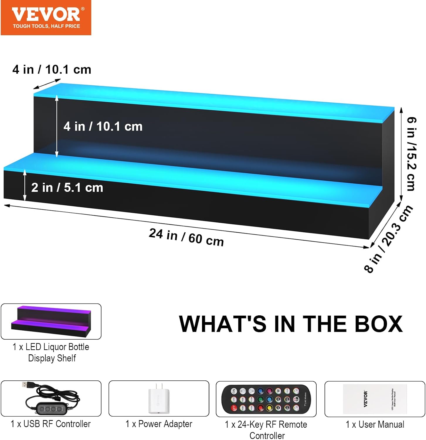 VEVOR LED Lighted Liquor Bottle Display, 2 Tiers 24 Inches, Supports USB, Illuminated Home Bar Shelf with RF Remote & App Control 7 Static Colors 1-4 H Timing, Acrylic Lighted Shelf for 12 Bottles