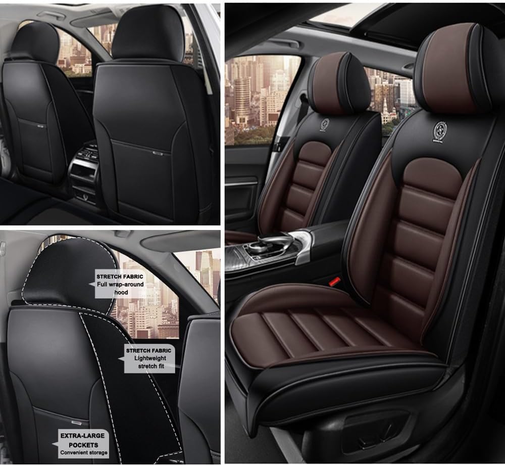2 Seat Covers for Cadillac Escalade EXT 2007-2013 Leather Car Seat Covers Waterproof Soft Car Seat Protectors Comfort Premium Automotive Seat Covers with Airbag（Standard,Black+Coffee）