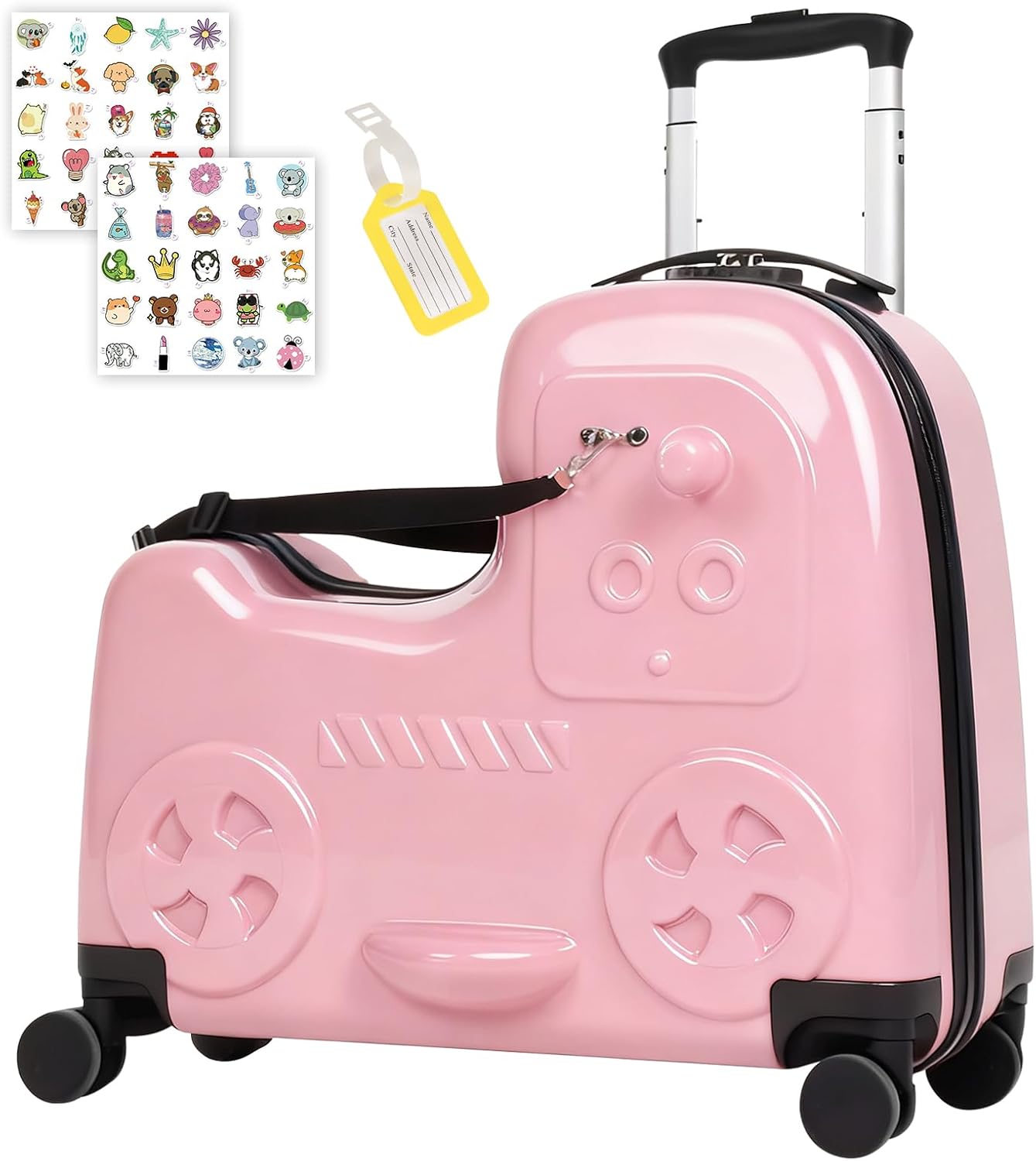 smilesun 22' Kids Ride-On Suitcase with Safety Strap, Multifunctional Kids' Luggage with Double Spinner Wheels, Durable and Lightweight for Boys and Girls Ages 2-10（Pink）