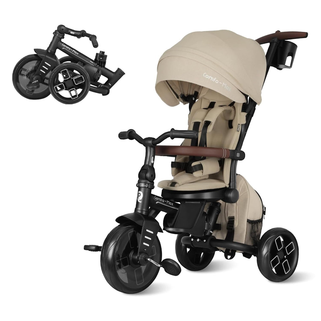 QPlay Toddler Bike Stroller for Baby 10 Months to 6 Years Old, 8-in-1 Foldable Stroller Bike for Toddlers 3-5 Boys & Girls Gifts Trike — Adjustable Handle, Triple Footrest, Canopy & Storage Bag