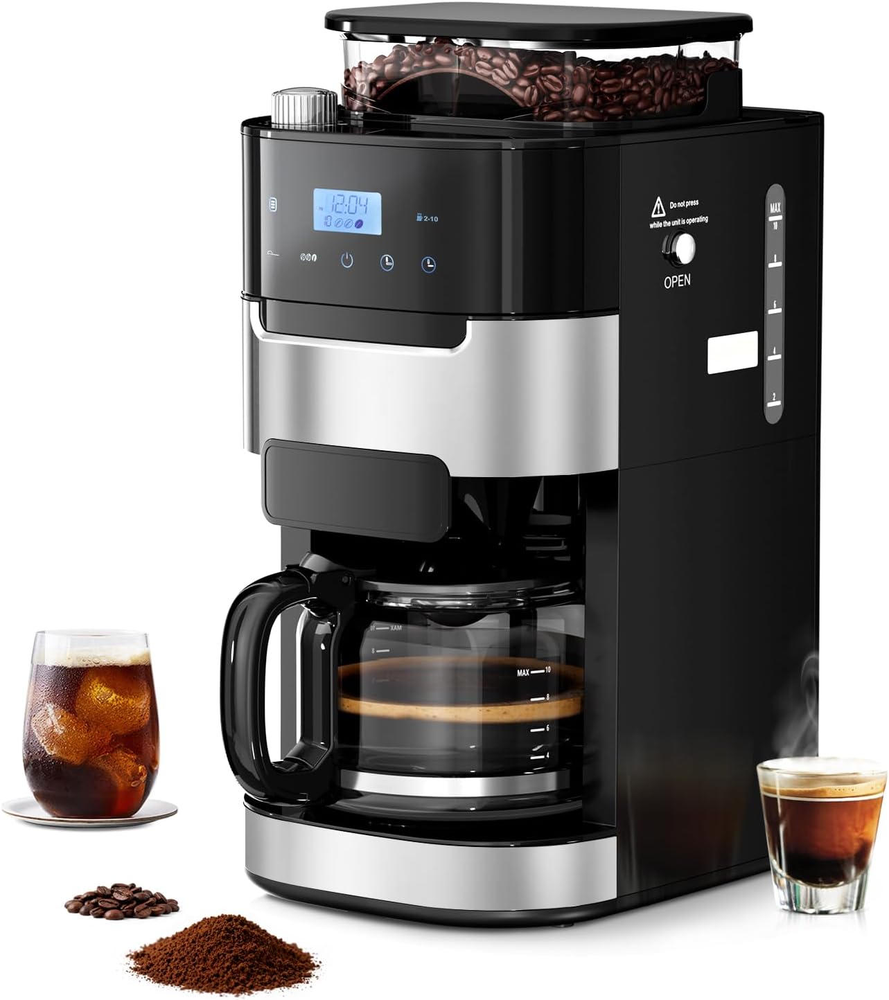 Drip Coffee Maker with Built In Grinder, 10-Cup Grind and Brew Coffee Machine Fully Automatic, Programmable with Brew Strength, Permanent Filter, Glass Carafe, 50oz Water Tank, Ideal for Home/Office