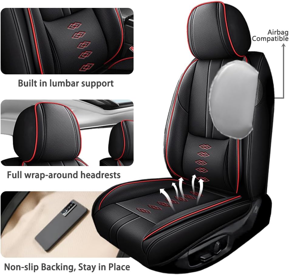 Front Seat Covers for Toyota Highlander 2001-2024,Leather Car Seat Covers,Interior Accessories Seat Covers,Waterproof Car Seat Protectors for Highlander(Black Red,Deluxe)