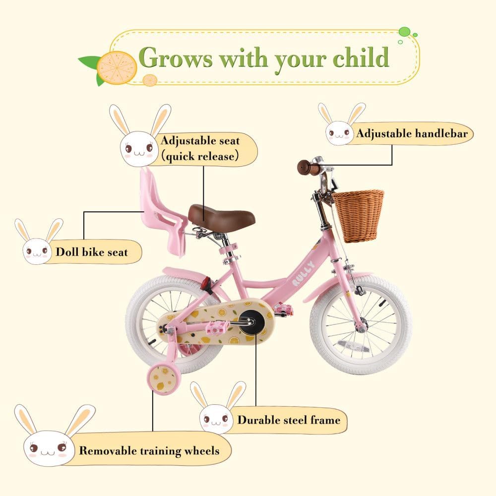 RULLY Fruit Kids Bike 12 14 16 Inch Bicycle for Girls Ages 2-7 Years, Training Wheels Included, Girl Bikes with Basket & Doll Seat | 12, 14, 16, Inch, Bicycle