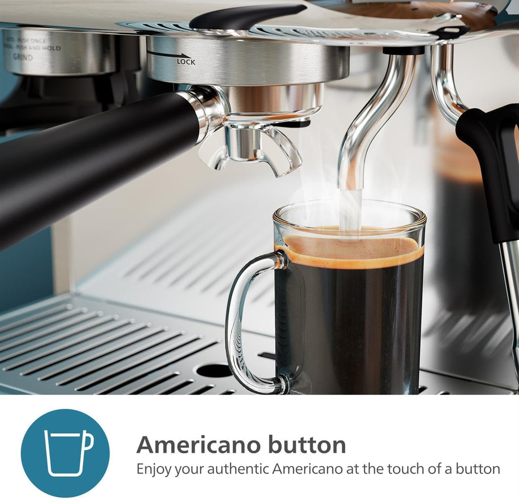 Philips Barista Brew Semi Automatic Espresso Machine - Single & Double Espresso,Americano, 250g Bean Container+Grinder+Milk Jug with temperature indicator,Calibrated Tamping,Metal Silver (PSA3218/01)