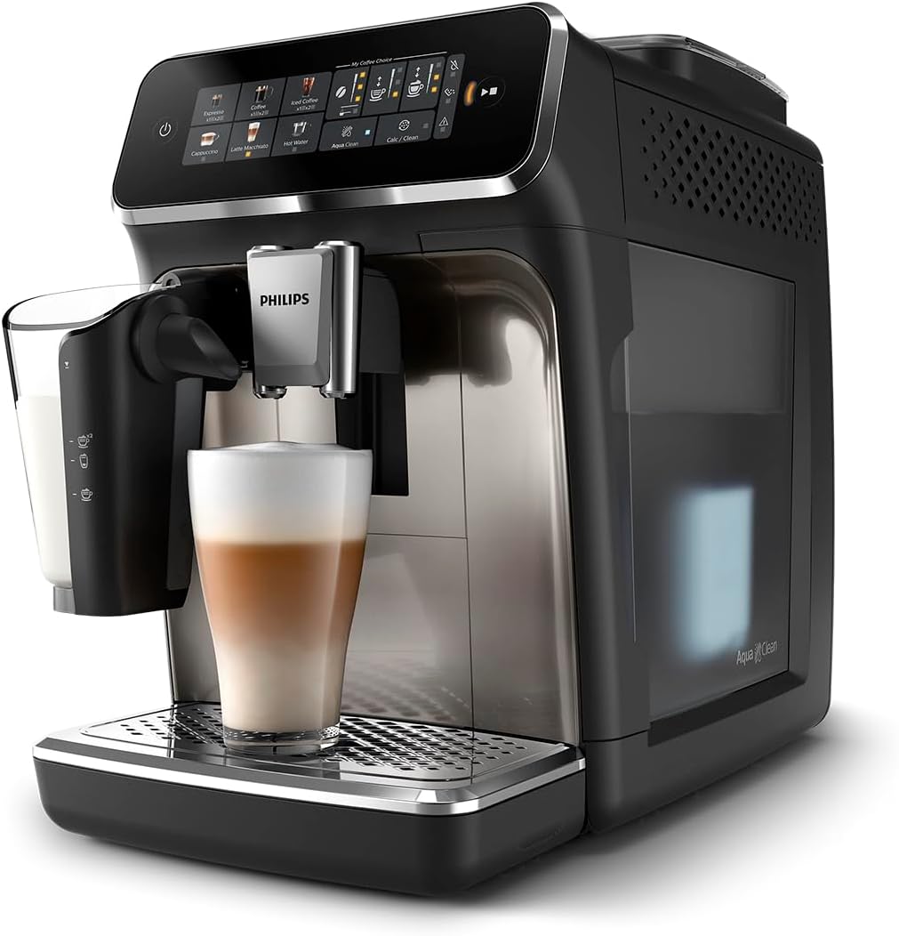 PHILIPS 3300 Series Fully Automatic Espresso Machine - LatteGo Milk System, 5 Coffee Varieties, Intuitive Touch Display, SilentBrew, 100% Ceramic Grinder, AquaClean Filter, Glossy Black (EP3347/90)