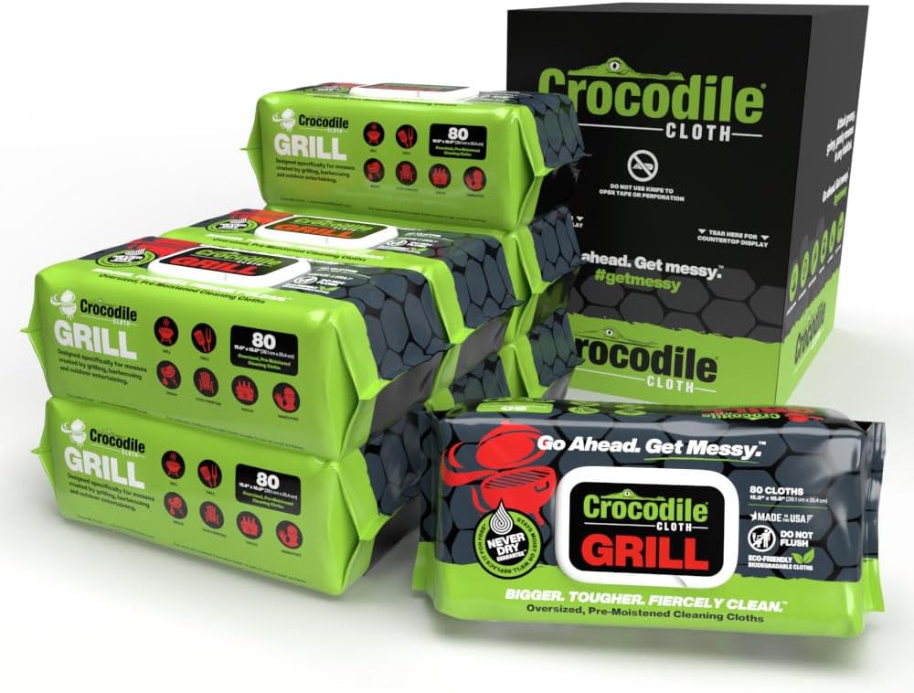 Crocodile Cloth Grill Wipes, 640 Count (8 Packs) – Extra-Large 15' x 10' Plant-Based Cleaning Cloths, Safe on Skin & Surfaces, Pre-Moistened with Aloe & Vitamin E