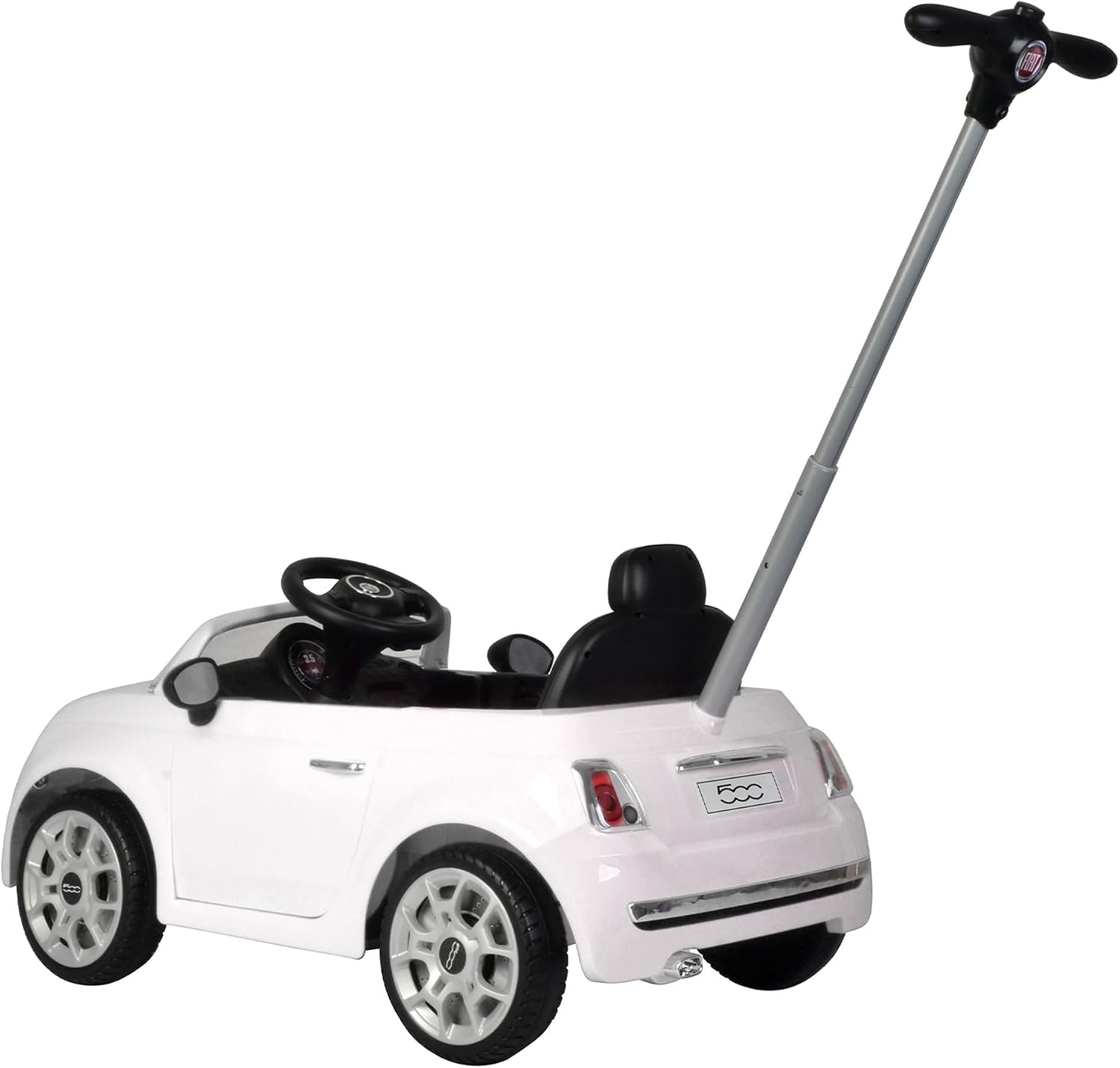 BEST RIDE ON CARS Fiat 500 Push Car for Kids, White, Stroller, Adjustable Handle, Music, Stable Wheels, Safety Belt, Multi-Functional Steering Wheel
