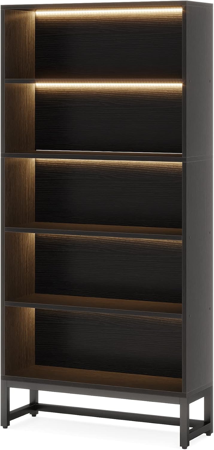 Tribesigns Tall Bookcase Black Bookshelf, 70.8' Large Bookcases Organizer with LED Lights, Heavy Duty Free-Standing Library Bookshelf with 5-Tier Storage Shelves for Living Room, Bedroom (Black)