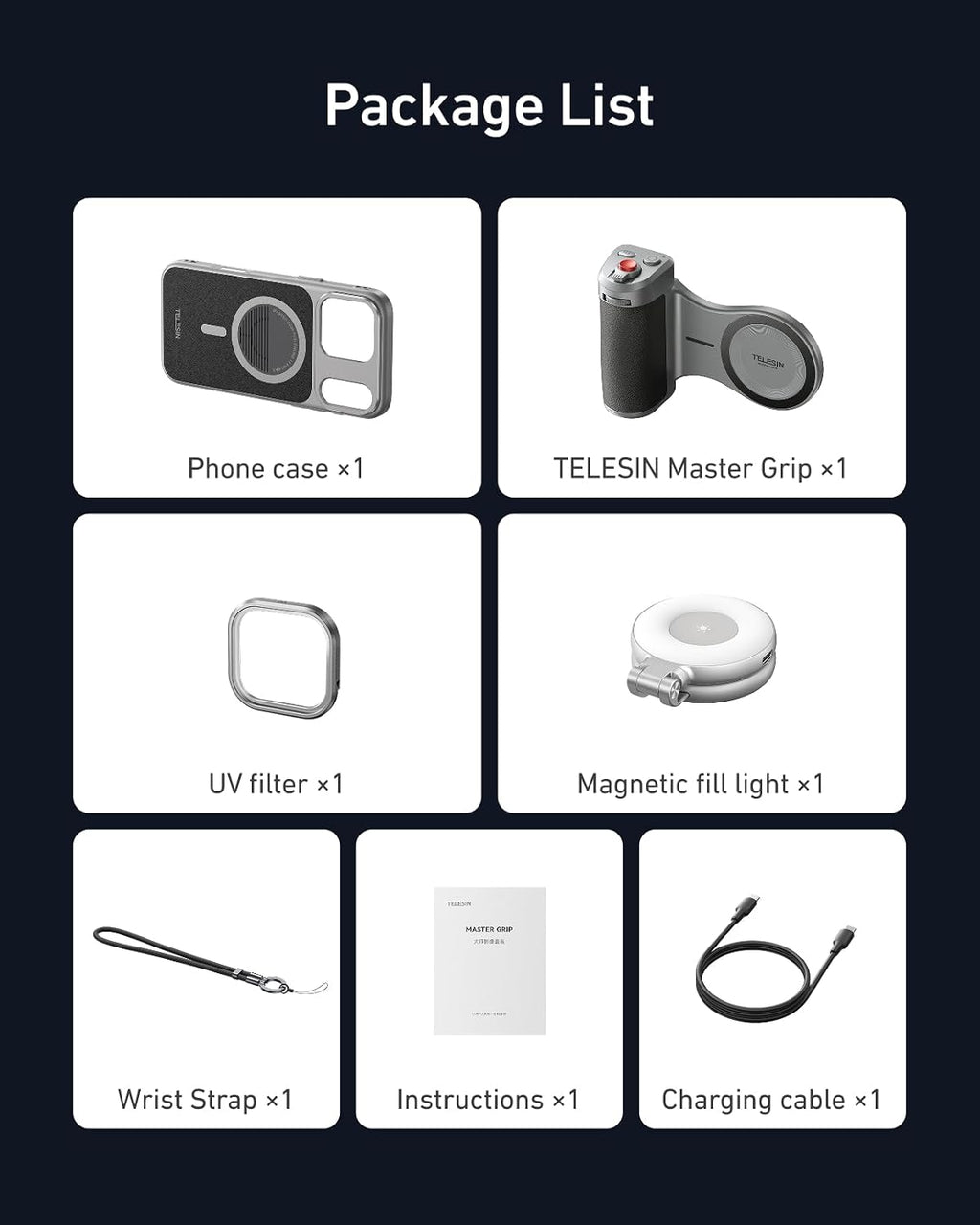 TELESIN Master Grip Universal for iPhone/MagSafe, Magnetic Phone Camera Grip with C03 Selfie Light Creator Kit Built 3200mAh Battery Wireless Charging -【Graphene Case Only for iPhone 17 Pro Max】