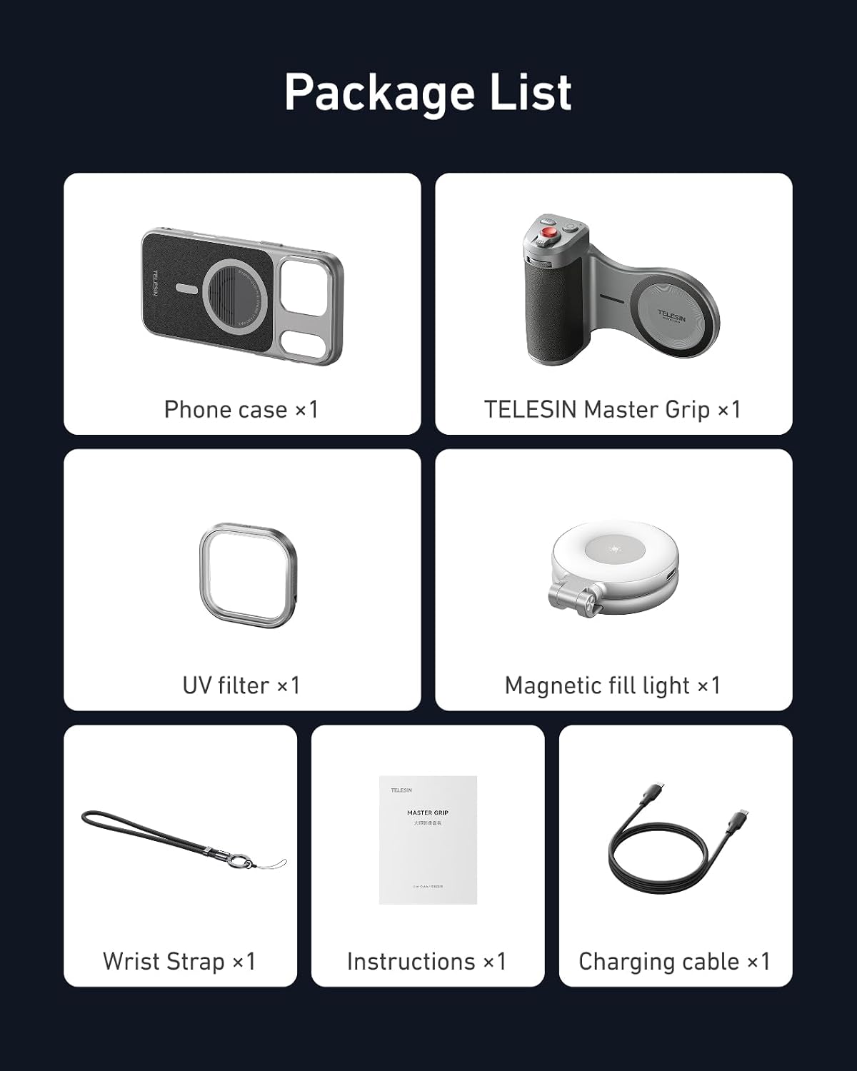 TELESIN Master Grip Universal for iPhone/MagSafe, Magnetic Phone Camera Grip with C03 Selfie Light Creator Kit Built 3200mAh Battery Wireless Charging -【Graphene Case Only for iPhone 17 Pro Max】