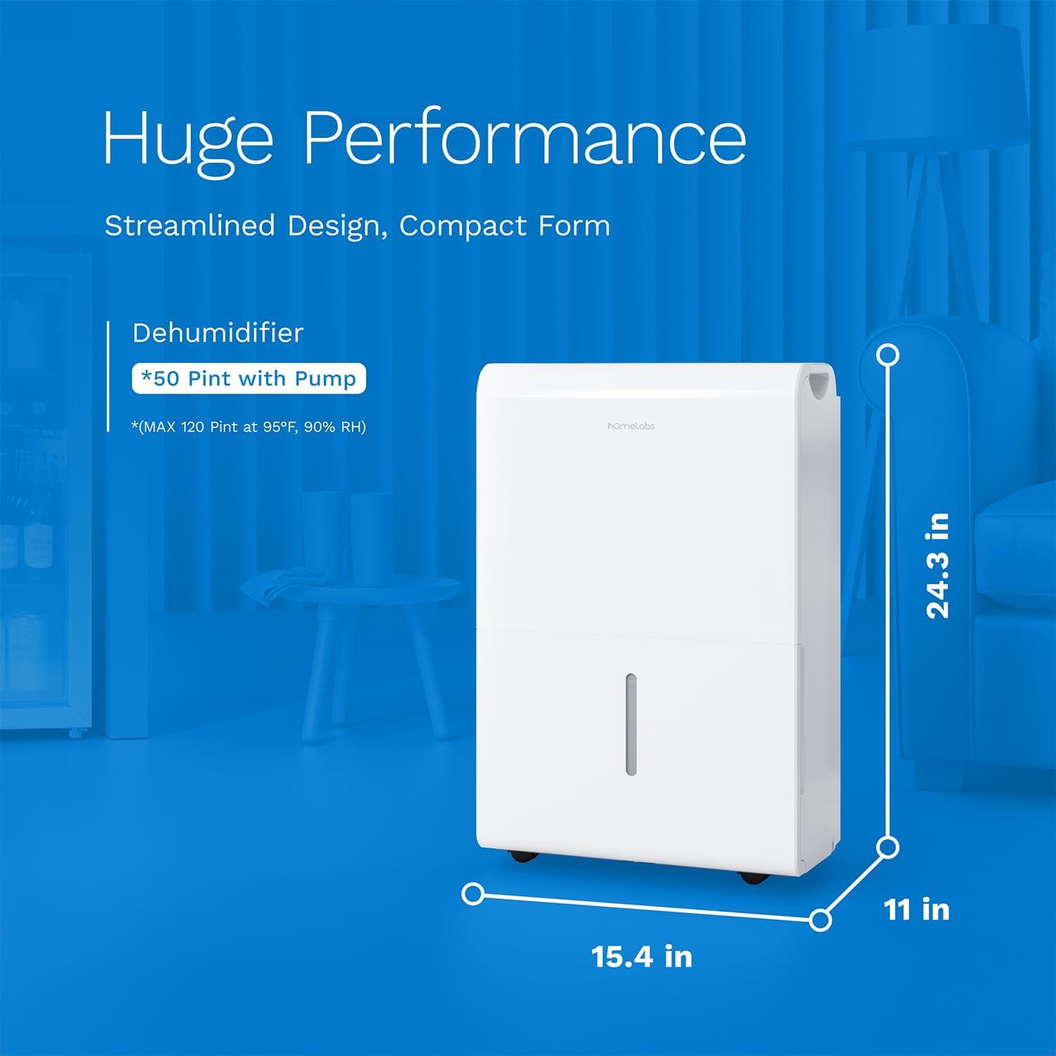 hOmeLabs Dehumidifier 7,500 Sq Ft Wi-Fi with Pump (50 Pint MAX 120 Pint at 95°F, 90% RH) for Home, Office, Basements with Powerful Moisture Removal, Humidity Control, Auto Shut-off, Quiet Operation