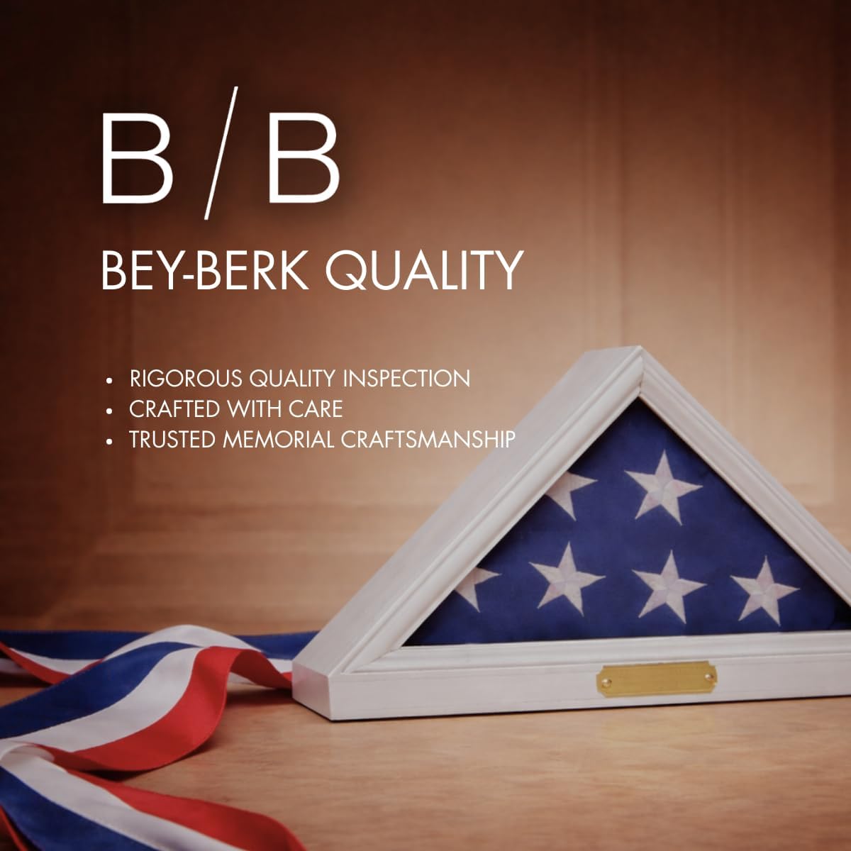 Bey-Berk Custom Personalized Solid Wood Triangle Glass Front Flag Display Case (White)