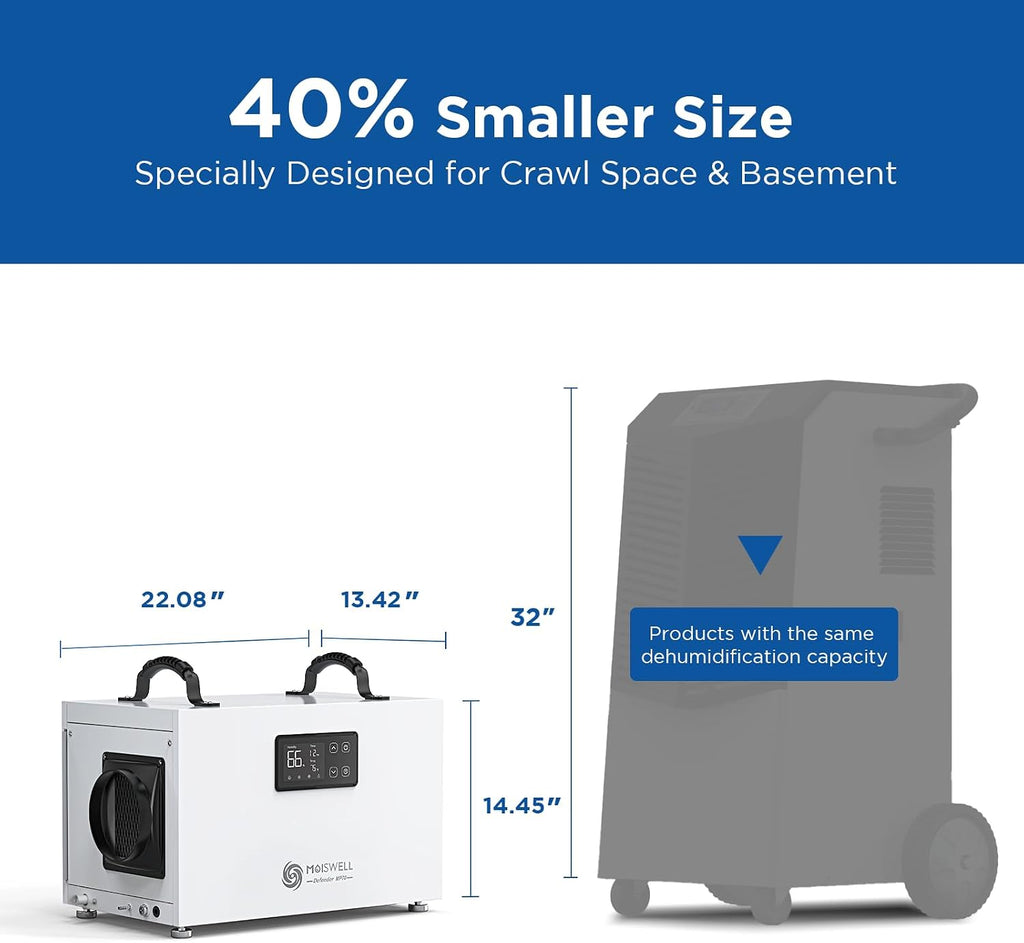 145 Pints Commercial Dehumidifier with Pump, Crawlspace Dehumidifiers with Drain Hose for Compact Tight Basements Large Spaces | MOISWELL Defender MP70