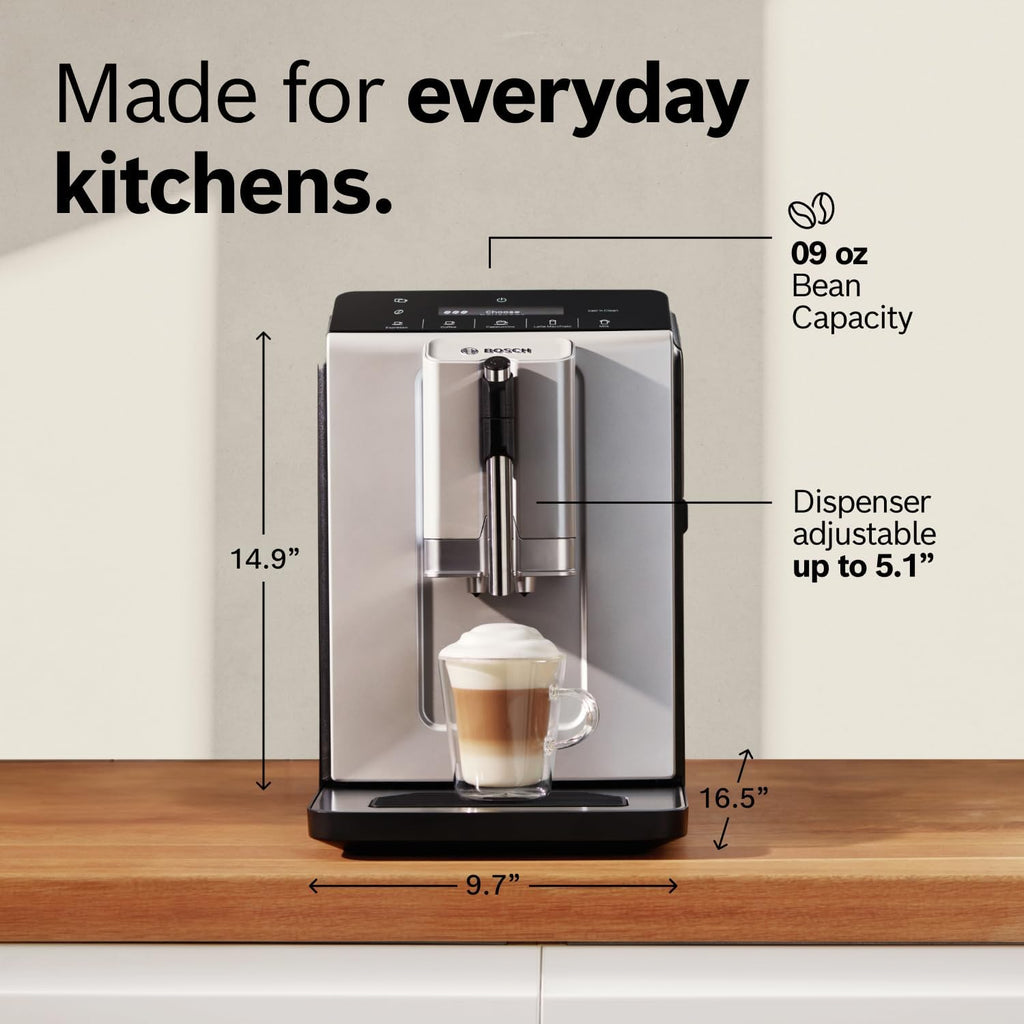 Bosch Fully Automatic Coffee and Espresso Machine - One-Touch Drinks, Barista Style, Double Cup Super Coffee Maker - Large Bean Capacity - Easy Clean, Maintenance - Silver- TIU20307