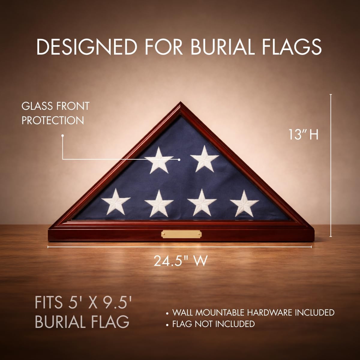 Bey-Berk Custom Personalized Solid Wood Triangle Glass Front Flag Display Case, Holds 5' x 9.5' Folded Funeral Flag or Burial Flag(Mahogany)