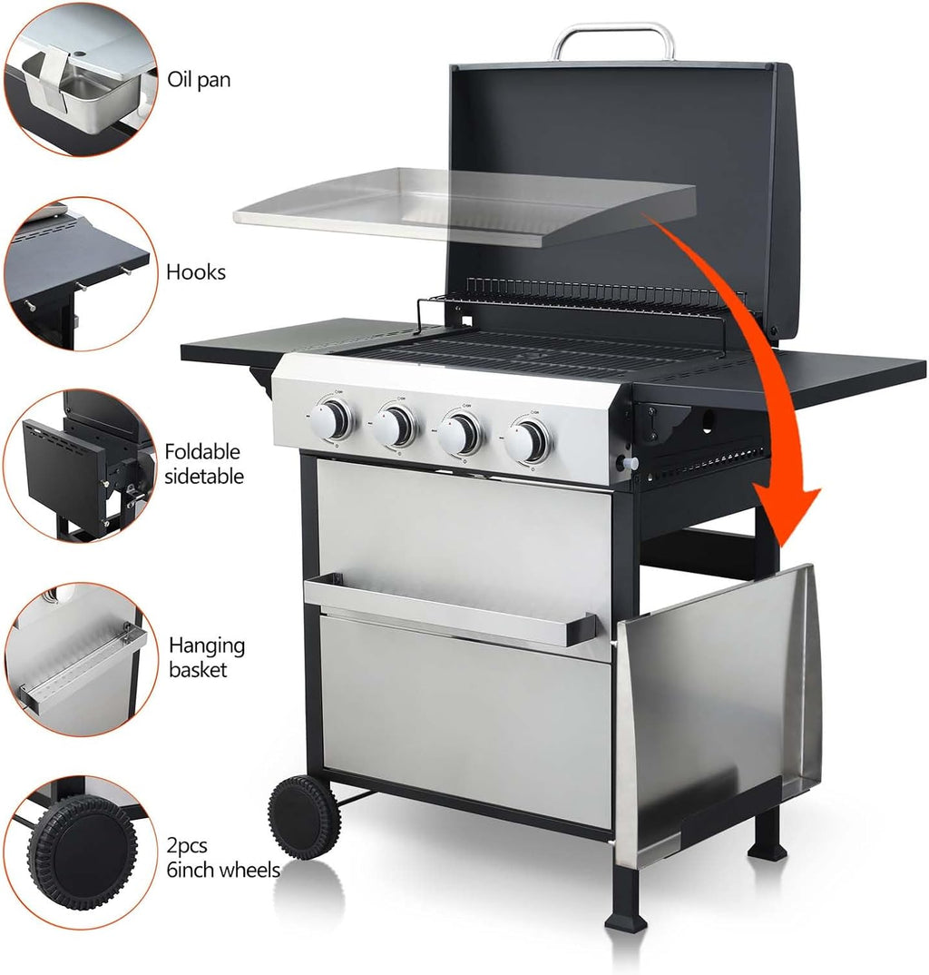 4-Burner Propane Gas BBQ Grill with Wire Enamel Cooking Grids&Plancha, 49,200 BTU Output Stainless Steel Grill with Foldable Side Table & Hanging Basket for Outdoor Backyard Barbecue