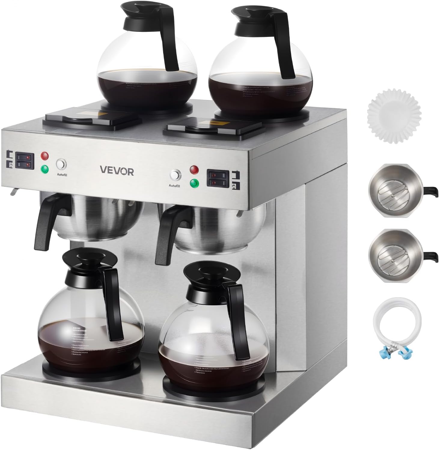 VEVOR Commercial Drip Coffee Maker, 24 Cups Coffee-Maker Machine with 4 Glass Carafes and 4 Decanter Warmer Plates, Stainless Steel Dual-Head Coffee Brewer, for Restaurant, Office, Coffee Shop & Home