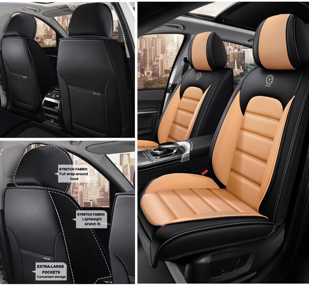 2 Seat Covers for Cadillac Escalade EXT 2007-2013 Leather Car Seat Covers Waterproof Soft Car Seat Protectors Comfort Premium Automotive Seat Covers with Airbag（Standard,Black+Orange）