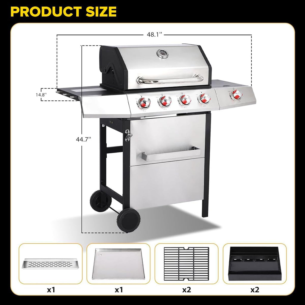 CIG GARDEN Dual Fuel Grill Combo, Propane & Charcoal BBQ with 52,000 BTU, 2 Side Shelves, Cast Iron Grid & Griddle Plate, Outdoor Grill for Patio, Backyard, Garden, Silver & Black