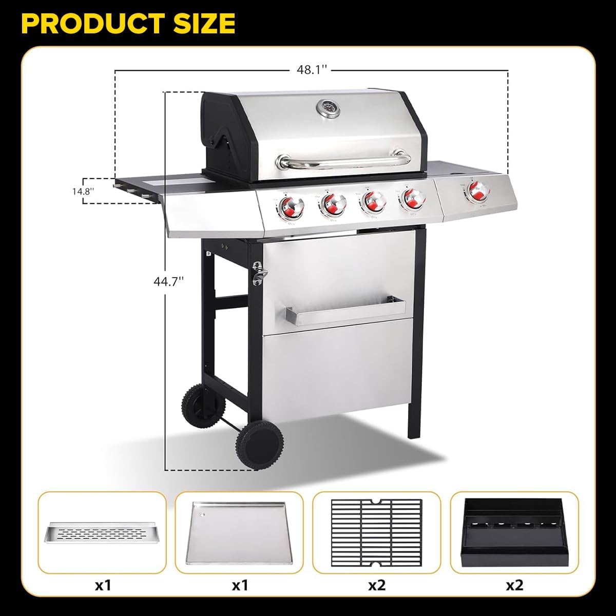 CIG GARDEN Dual Fuel Grill Combo, Propane & Charcoal BBQ with 52,000 BTU, 2 Side Shelves, Cast Iron Grid & Griddle Plate, Outdoor Grill for Patio, Backyard, Garden, Silver & Black