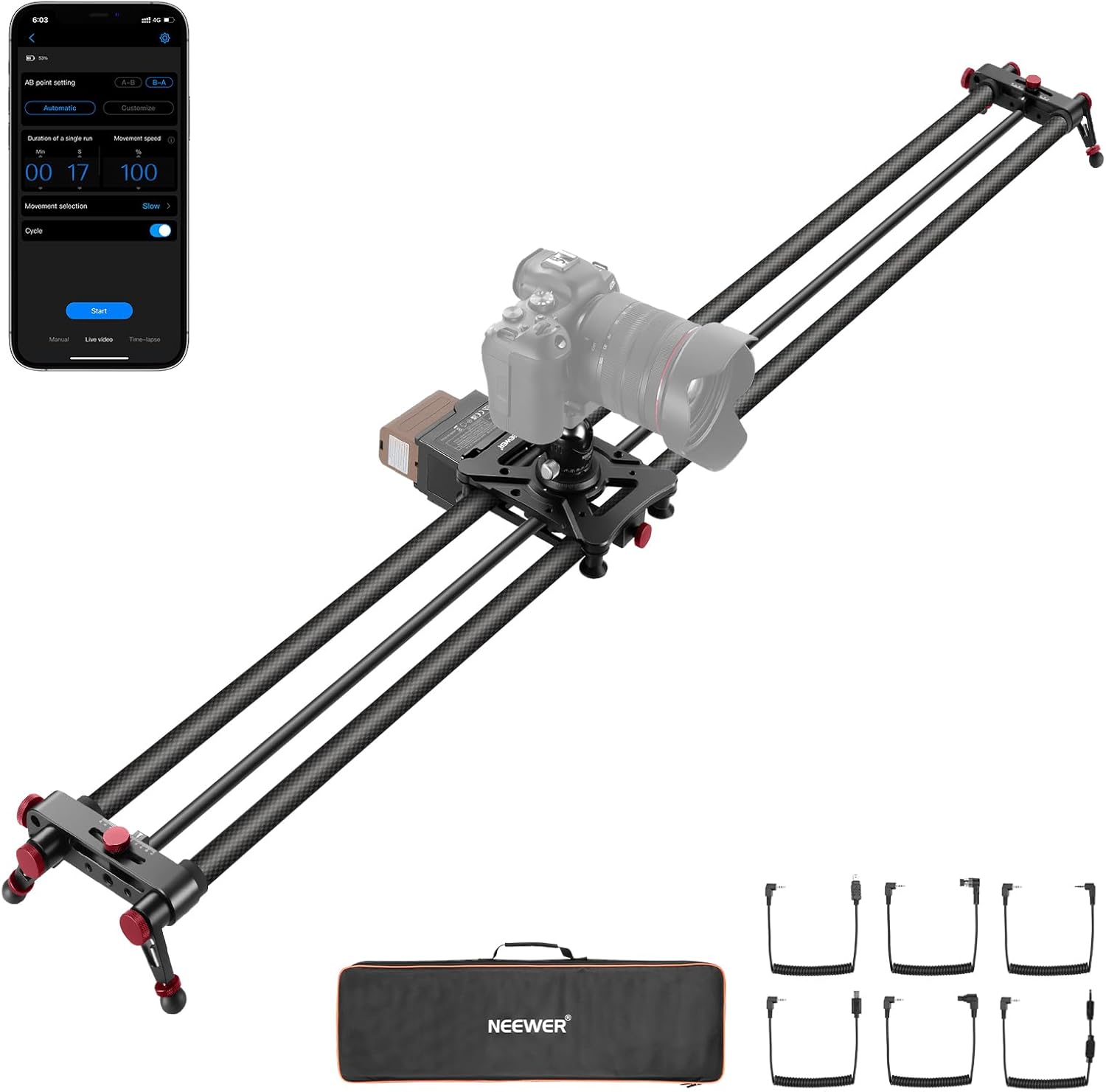 NEEWER 47.2'/120cm Motorized Camera Slider, App Wireless Control DSLR Carbon Fiber Dolly Rail Slider with 4400mAh F750 Battery (Charger Not Included), Support Video Mode, Time Lapse Photography, ER1