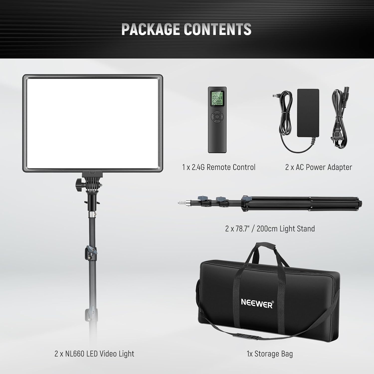 Neewer 18' Led Video Light Panel Key Lighting Kit with Remote, 2-Pack 45W Dimmable Bi Color + Tripod Stand, 3200K–5600K Soft Light CRI 97+ 4800Lux for Game Live Streaming Studio Photography Recording