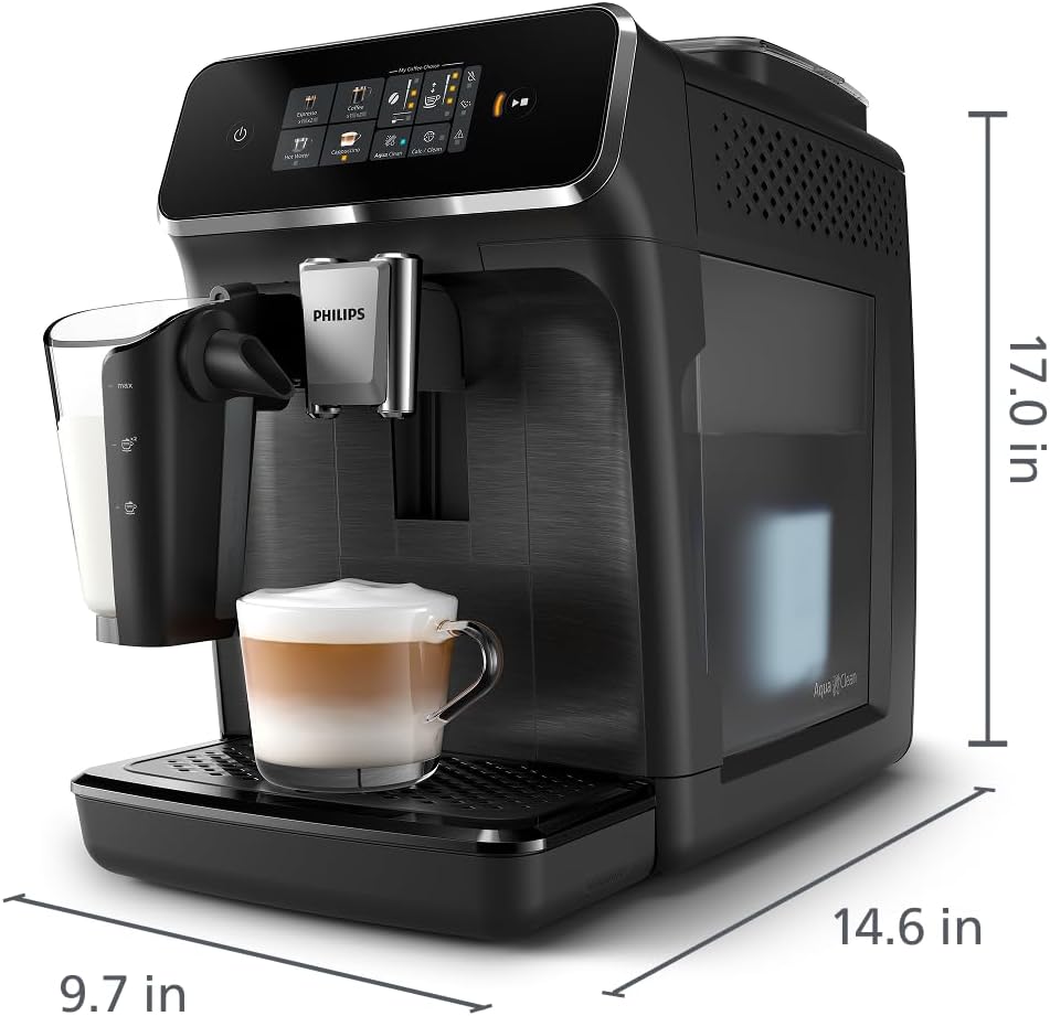 Philips 2300 Series Fully Automatic Espresso Machine with LatteGo milk system and integrated grinder, 4 Coffee Pre-Sets & Hot Water, 40% Quieter SilentBrew, 15-Bar Pressure, Matte Black (EP2330/10)
