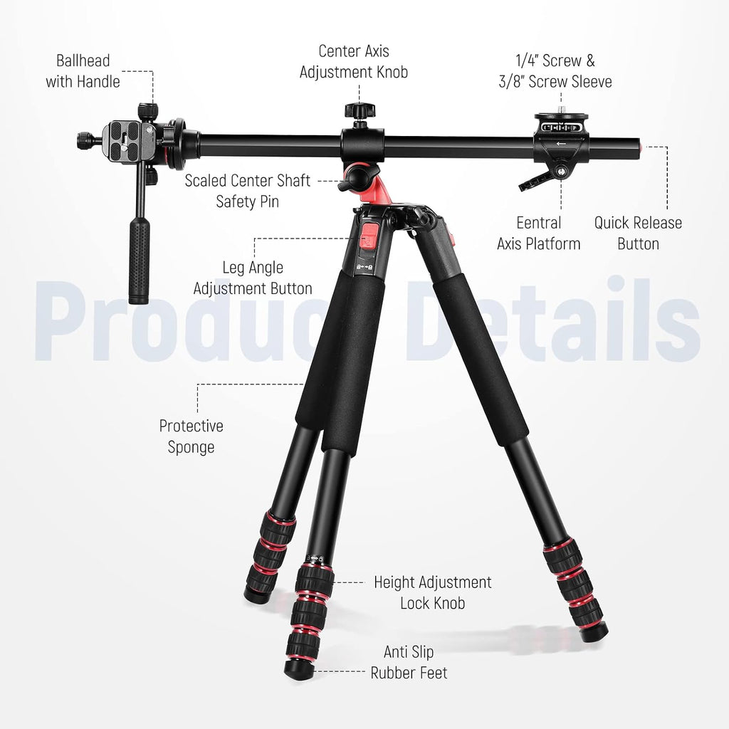 NEEWER 73.6' Horizontal Tripod with Multi Angle Center Column, Ball Head & Central Axis Platform, Heavy Duty Aluminum Camera Tripod Monopod 360° Pan 180° Tilt for Overhead/Macro Shots, Max Load 22lb