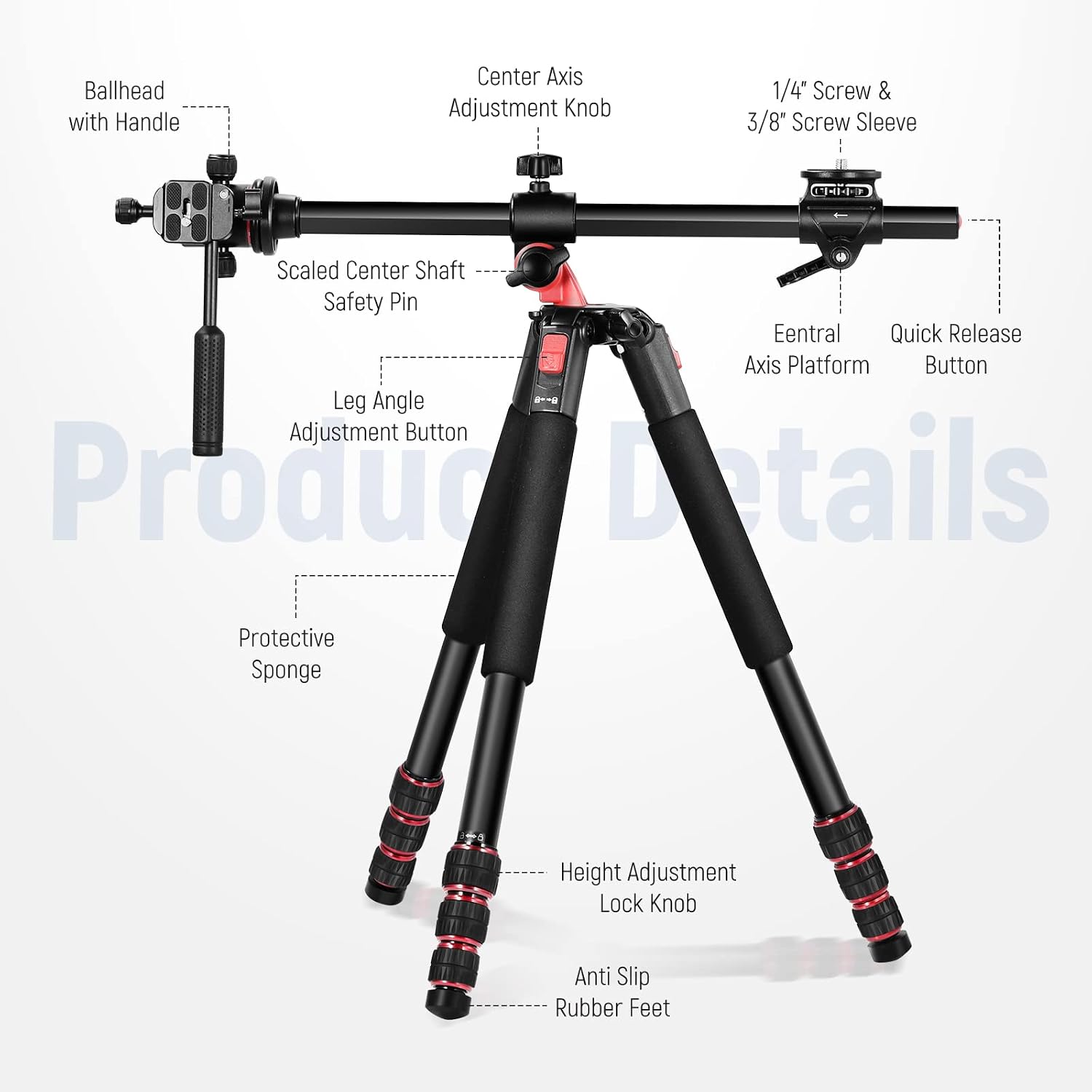 NEEWER 73.6' Horizontal Tripod with Multi Angle Center Column, Ball Head & Central Axis Platform, Heavy Duty Aluminum Camera Tripod Monopod 360° Pan 180° Tilt for Overhead/Macro Shots, Max Load 22lb